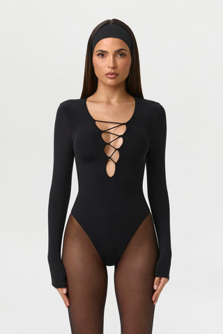 Naked Plunge Lace-Up Bodysuit