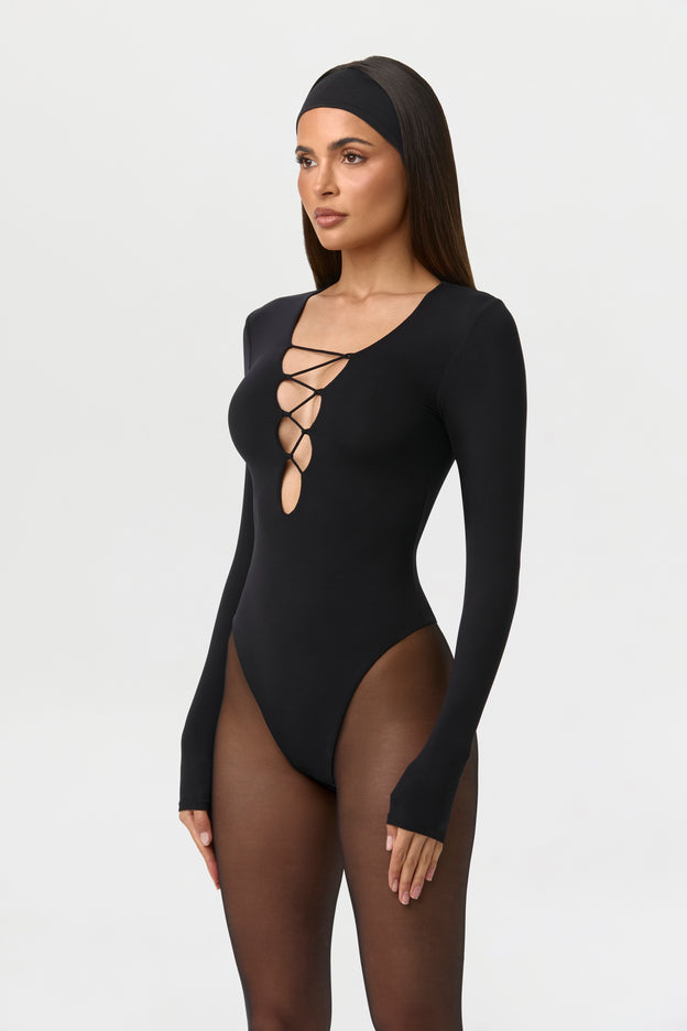 Naked Plunge Lace-Up Bodysuit