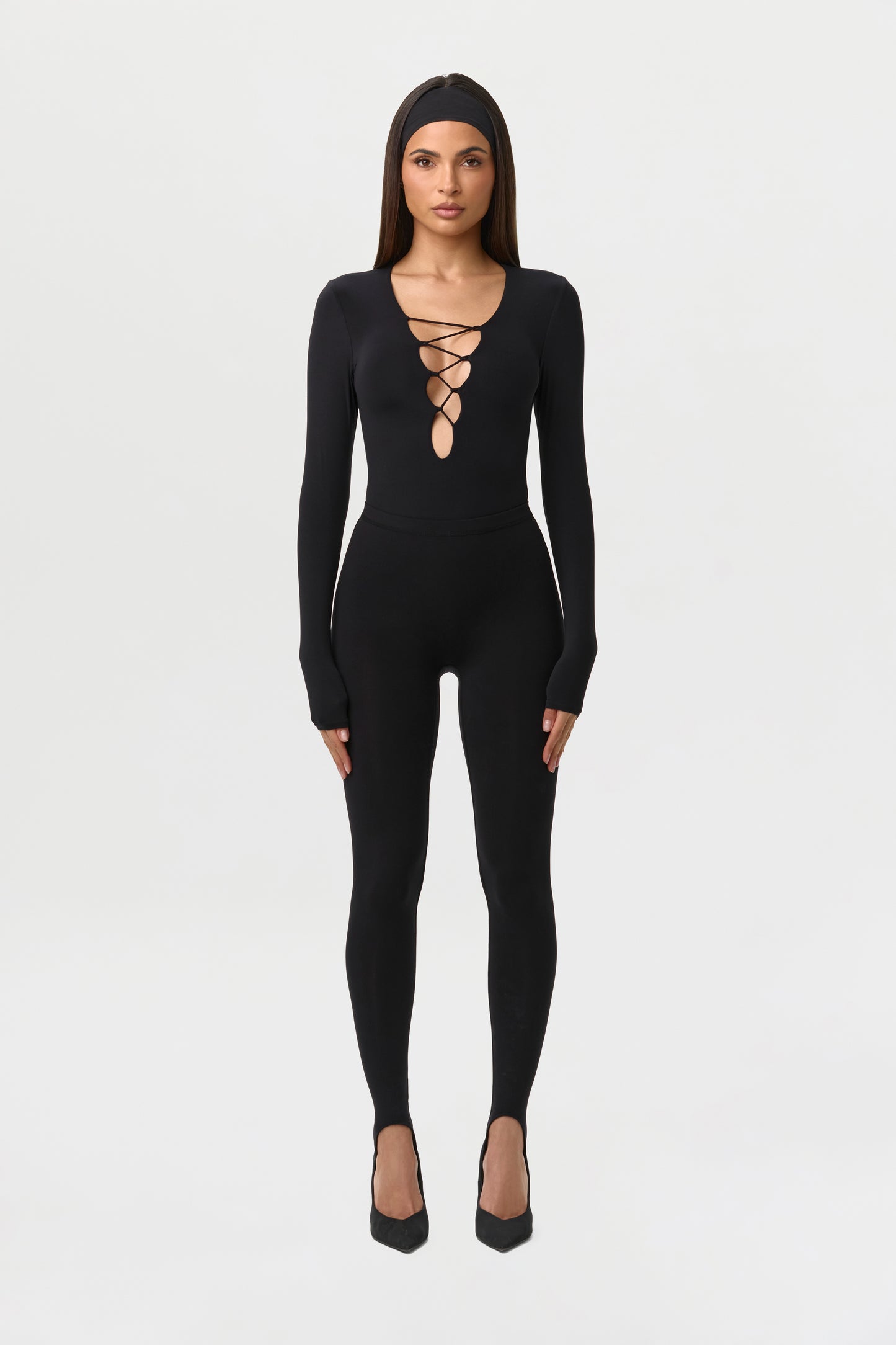Naked Plunge Lace-Up Bodysuit