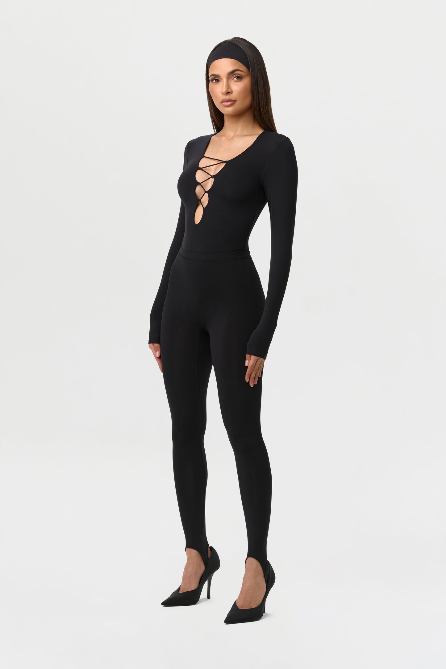 Naked Plunge Lace-Up Bodysuit