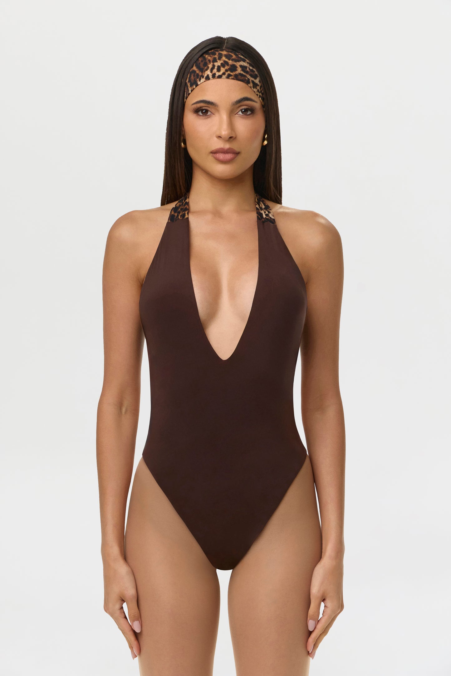 Dark Chocolate Naked Plunge Halter Bodysuit