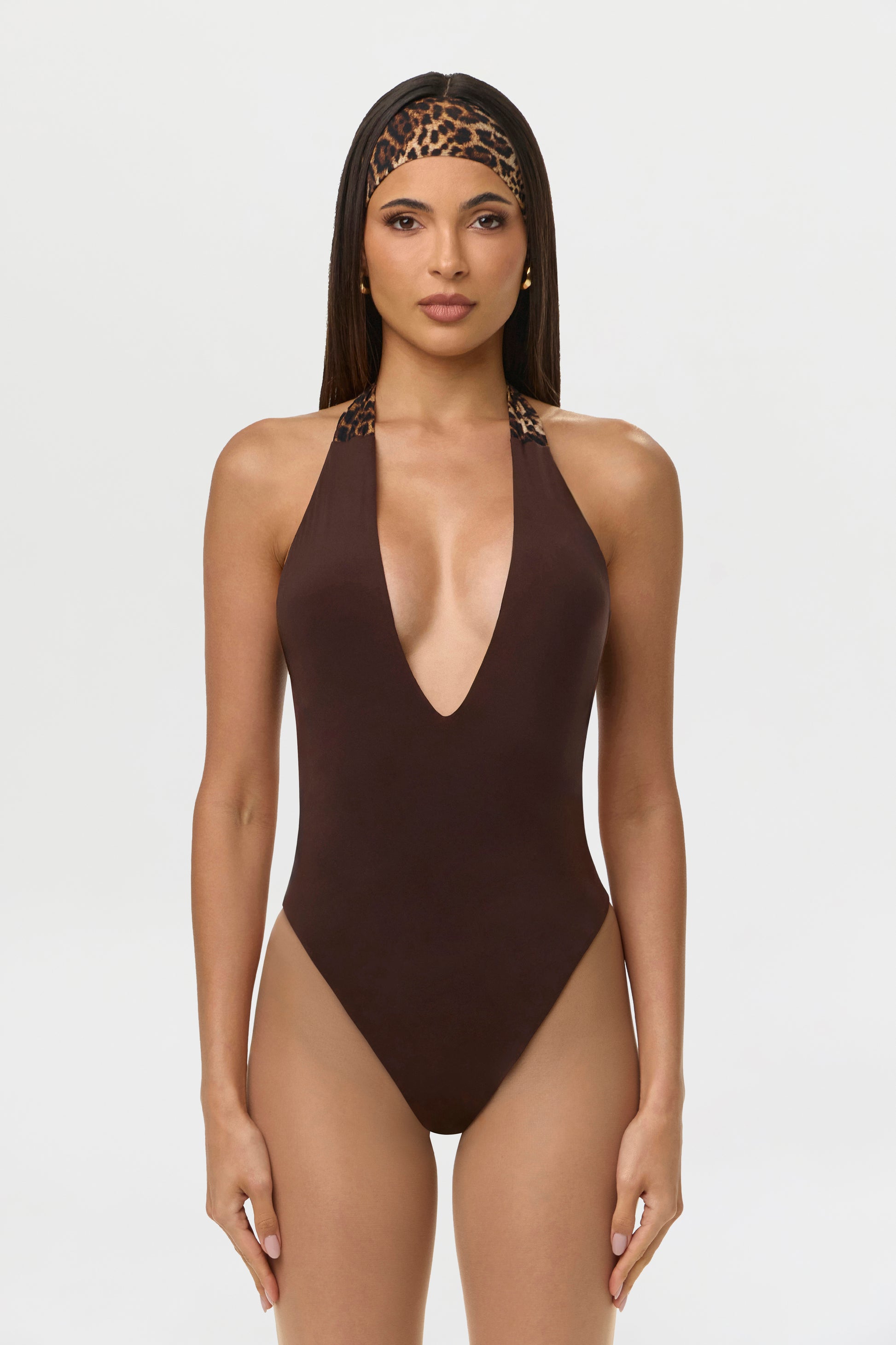 Dark Chocolate Naked Plunge Halter Bodysuit