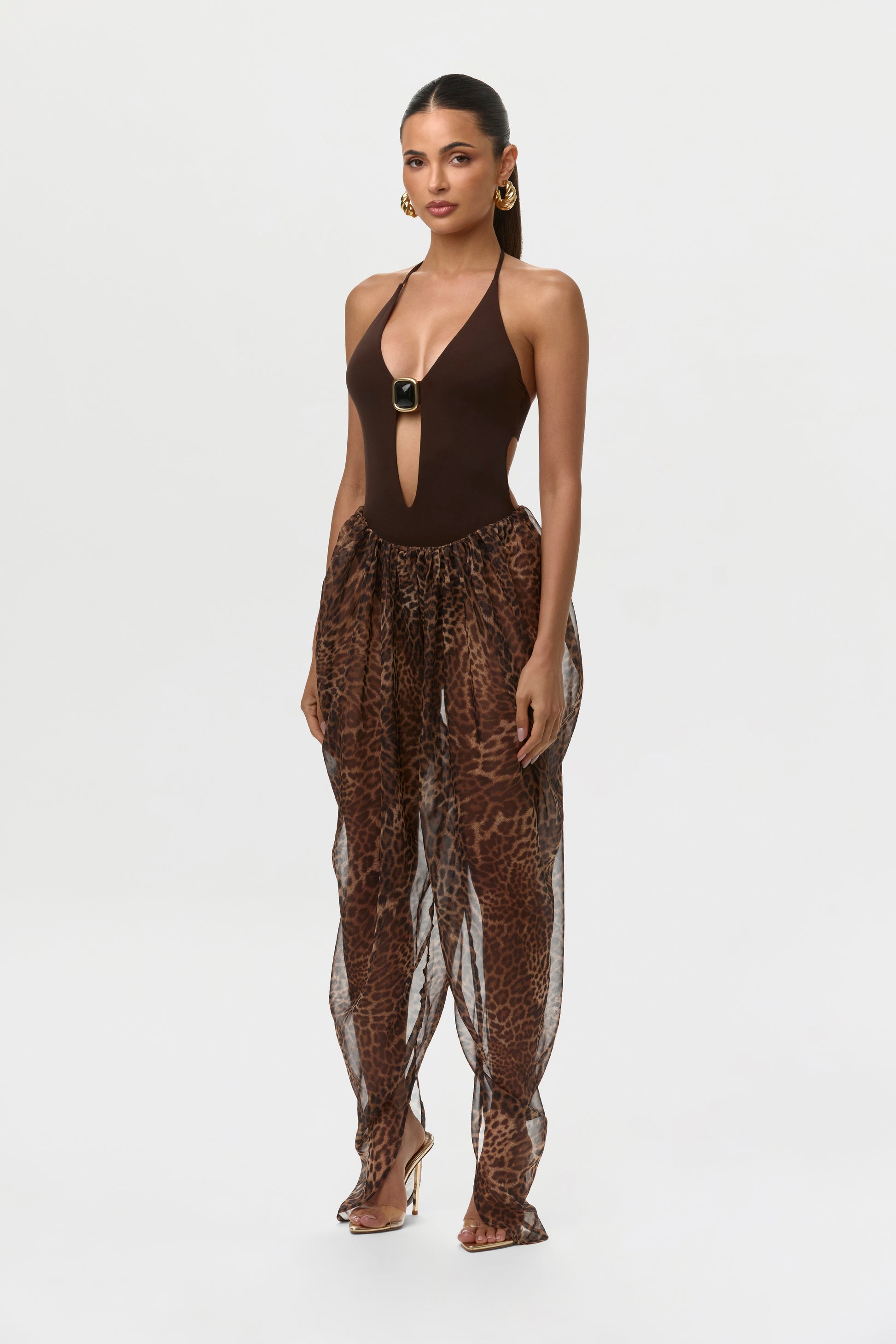 Dark Chocolate Naked Stone Plunge Halter Bodysuit