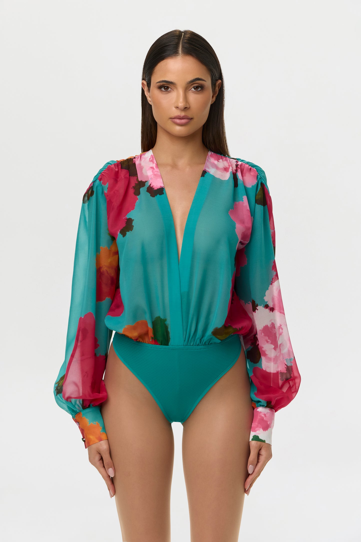 Flora Spritz Chiffon Floral Blouse Bodysuit