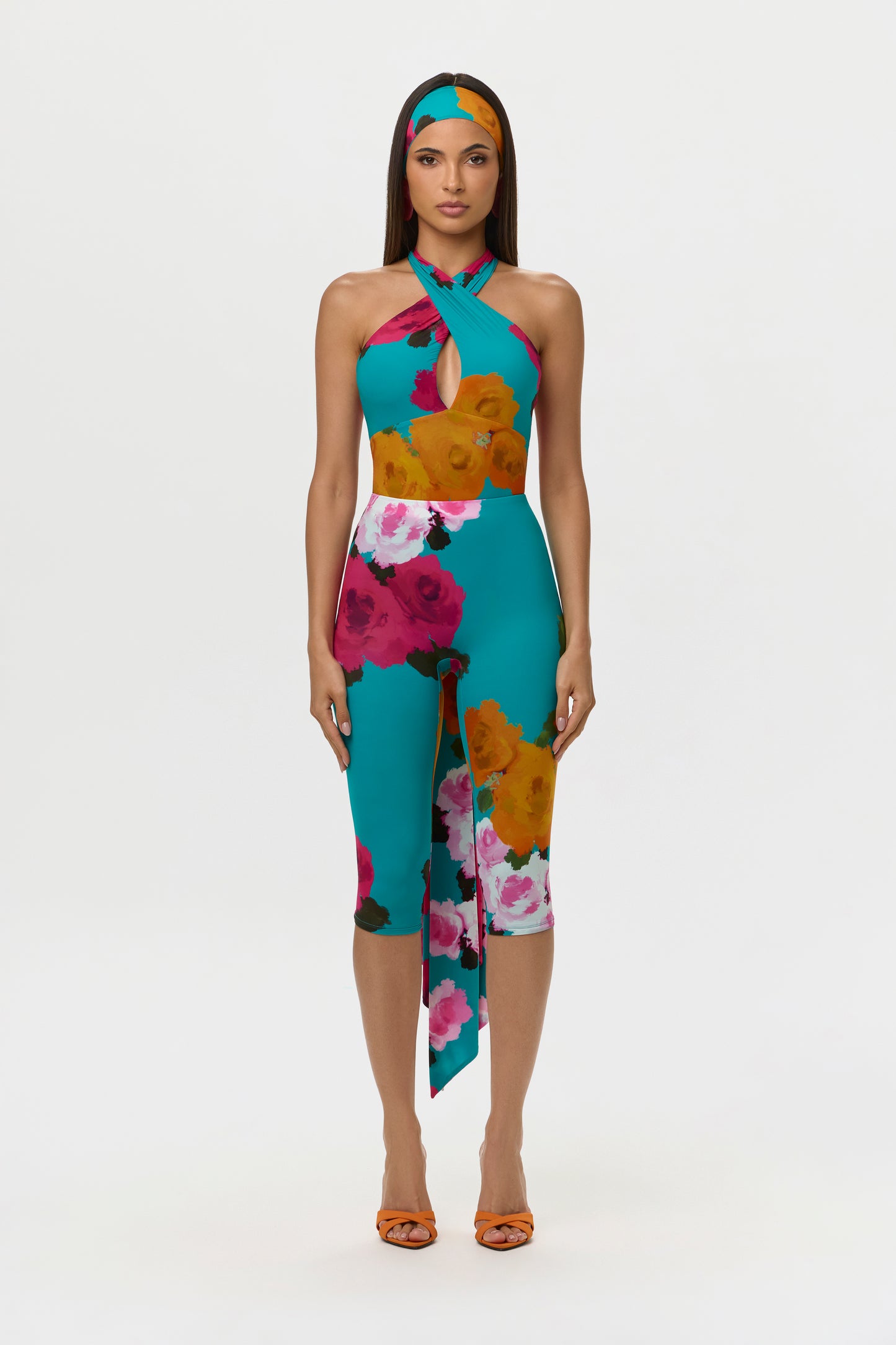 Flora Spritz Naked Print Halter Tie Bodysuit