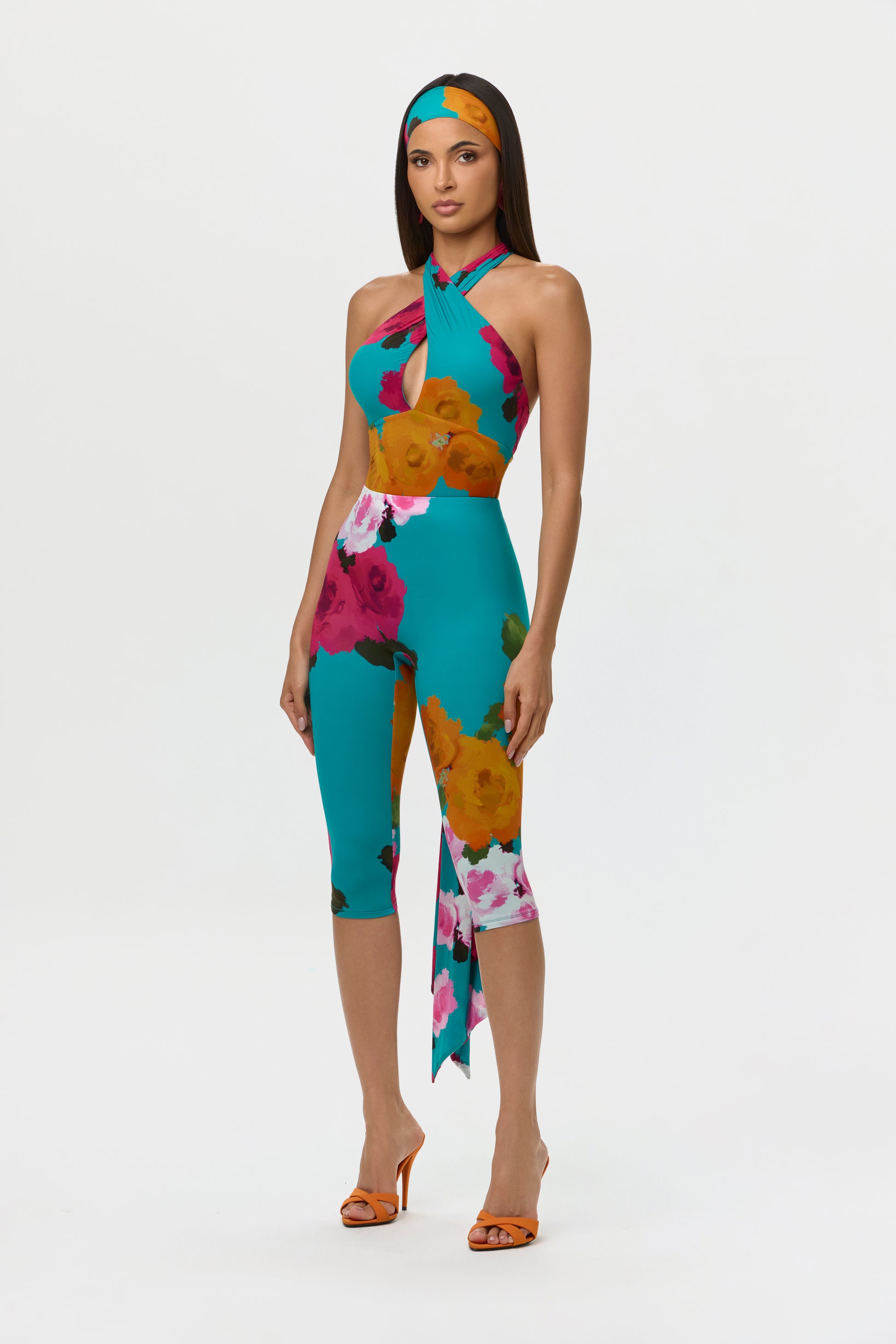 Flora Spritz Naked Print Halter Tie Bodysuit