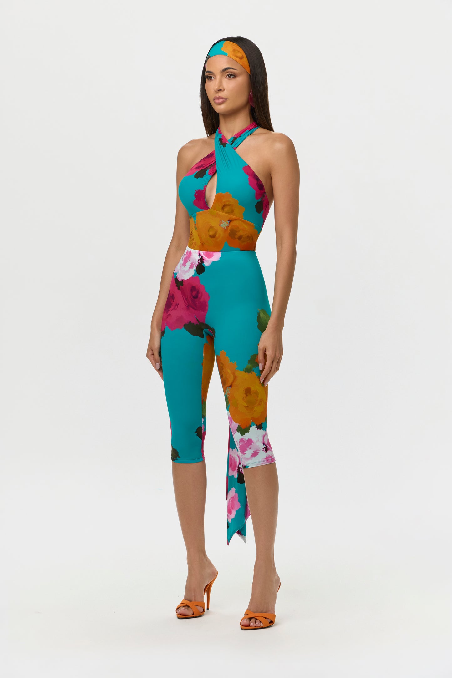 Flora Spritz Naked Print Halter Tie Bodysuit