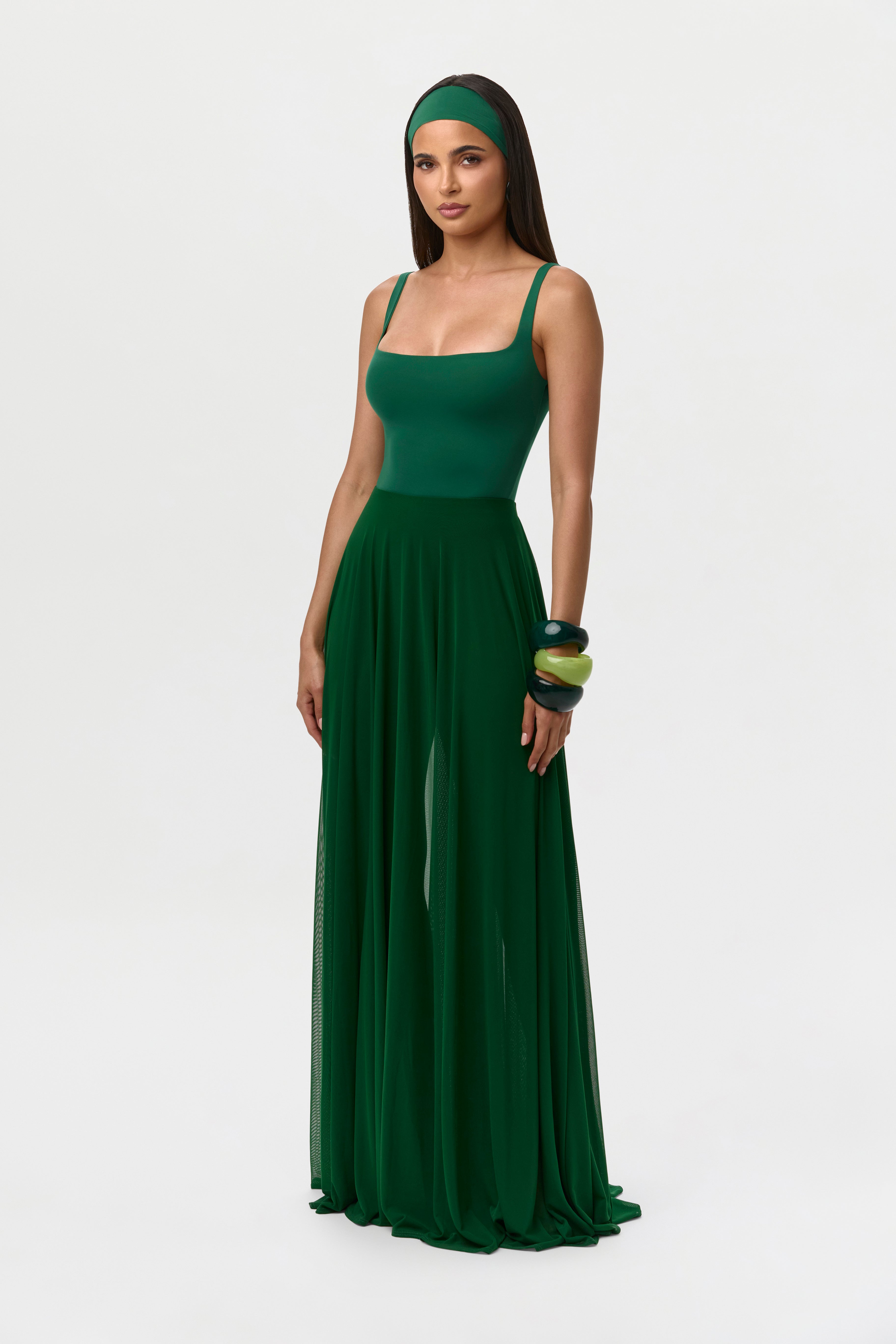 Mesh Legging Pleated Maxi Skirt