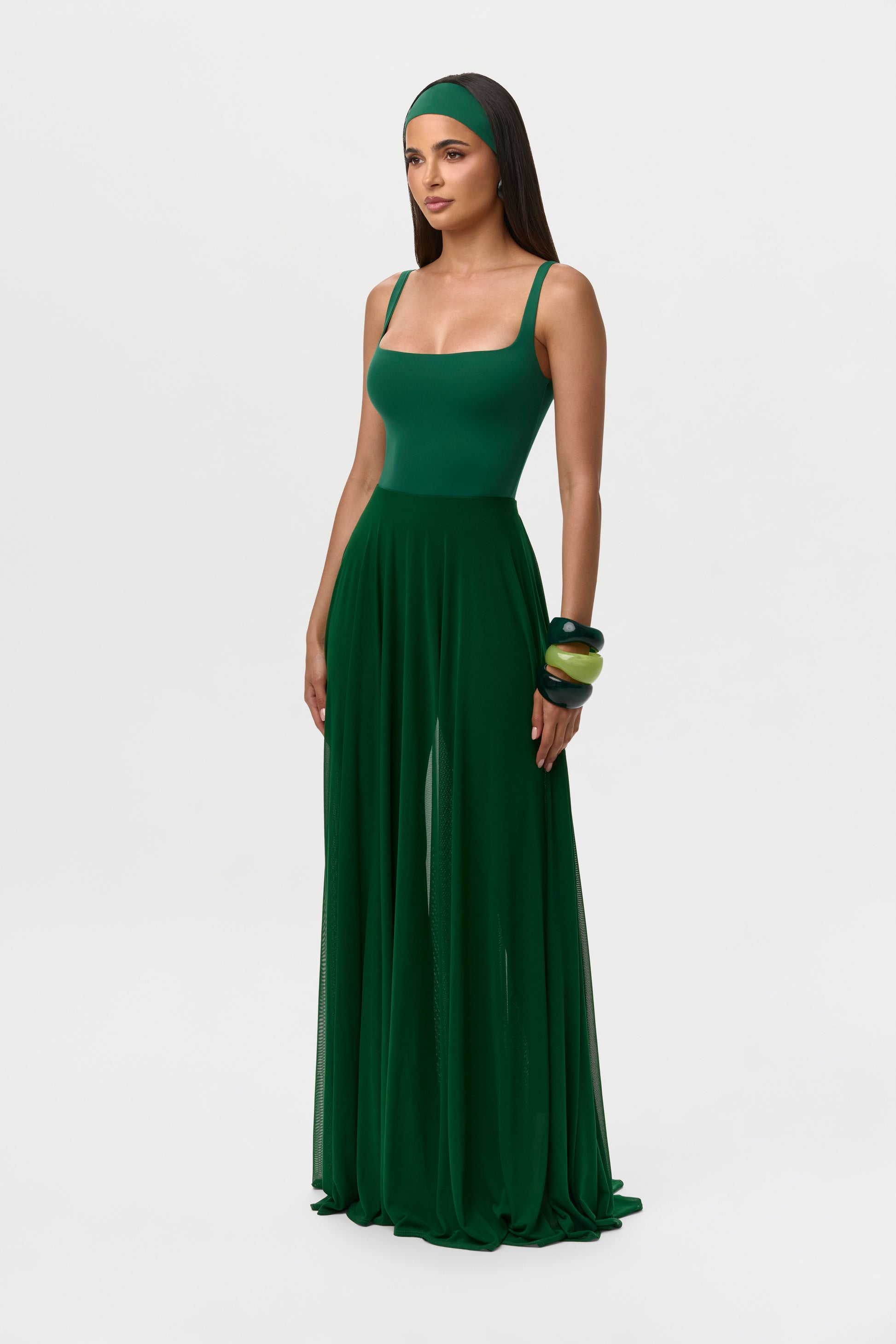 Jungle Green Mesh Legging Pleated Maxi Skirt