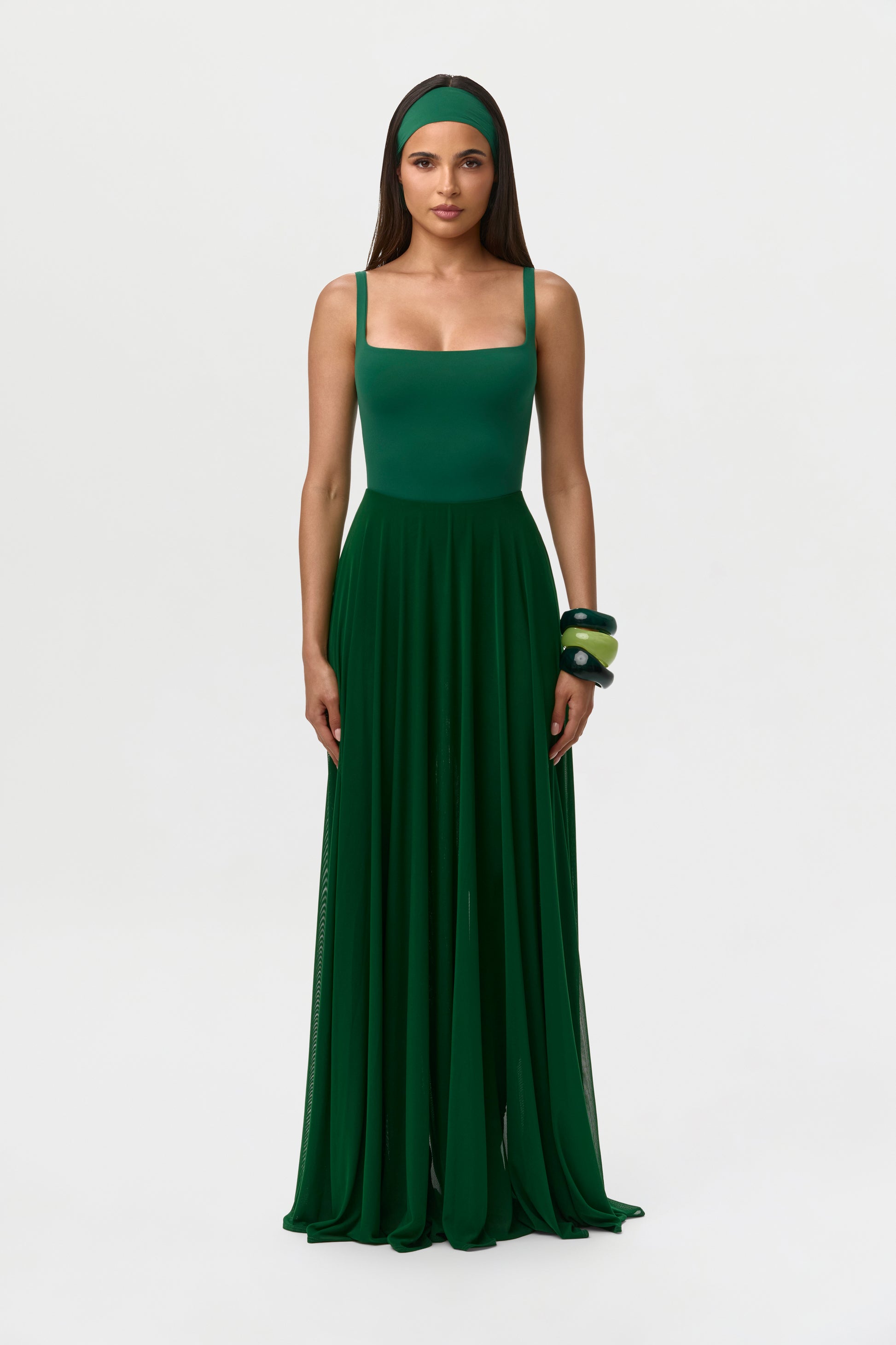 Jungle Green Mesh Legging Pleated Maxi Skirt