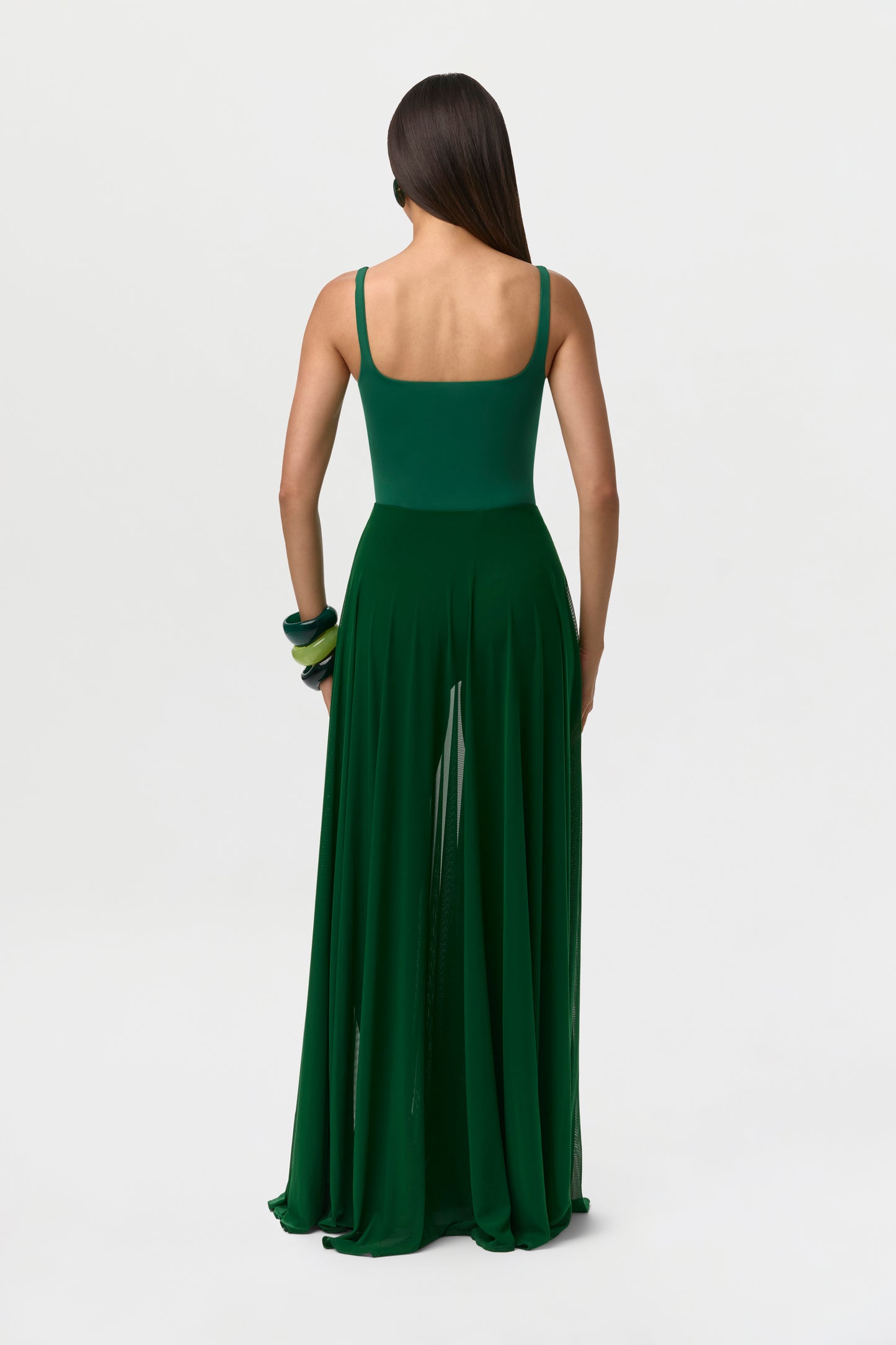 Jungle Green Mesh Legging Pleated Maxi Skirt