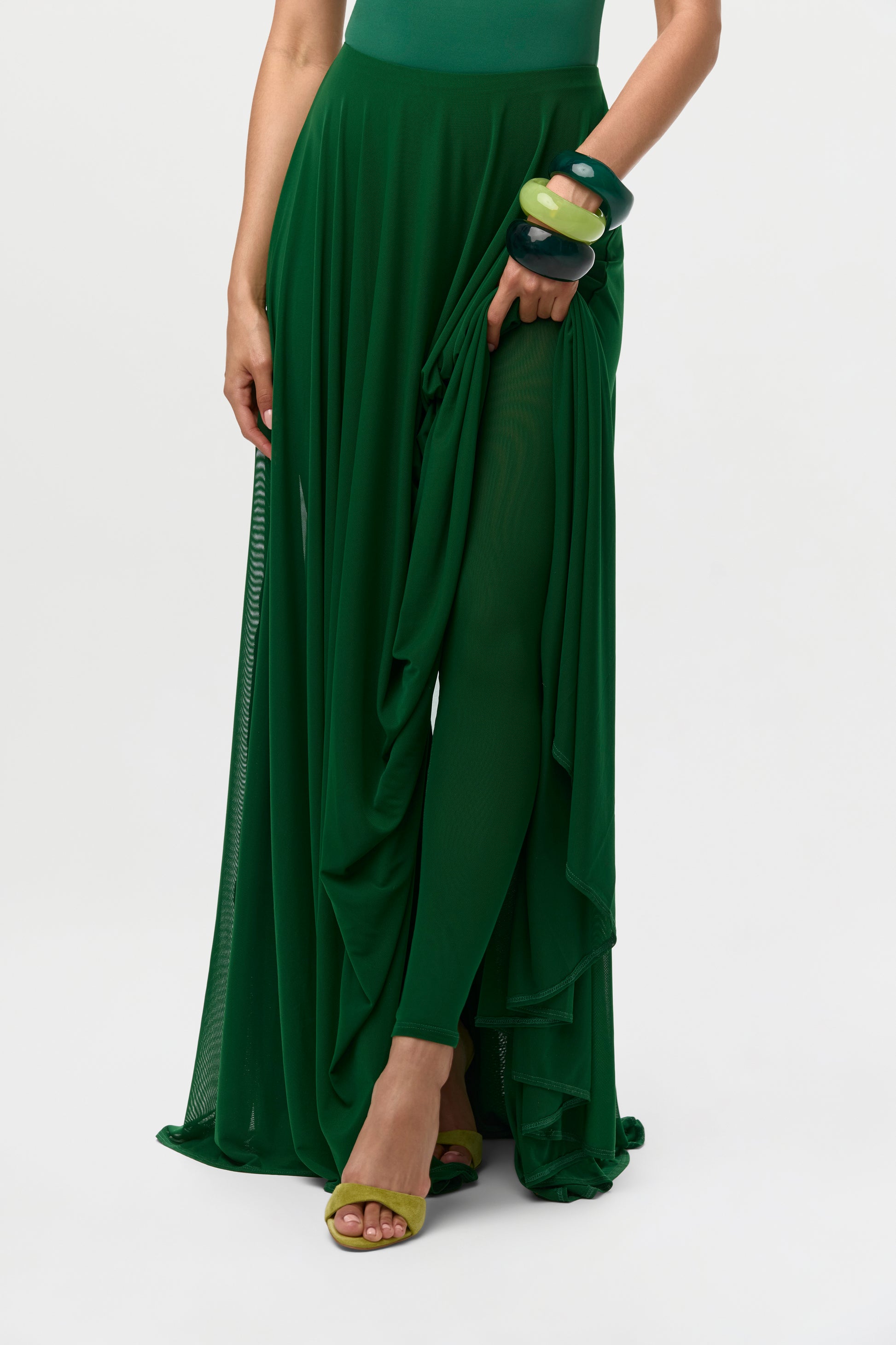 Jungle Green Mesh Legging Pleated Maxi Skirt