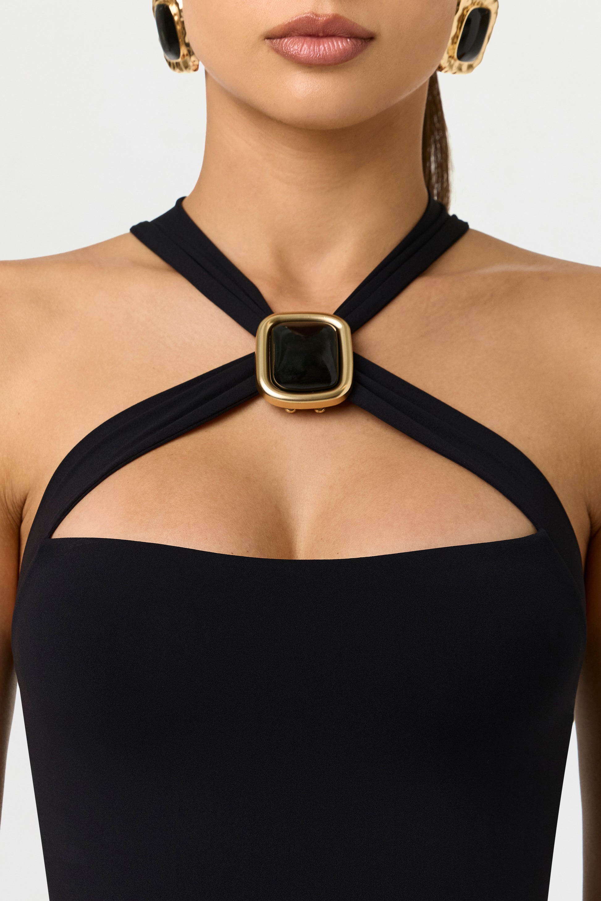 Black Naked Form Jewel Halter Bodysuit