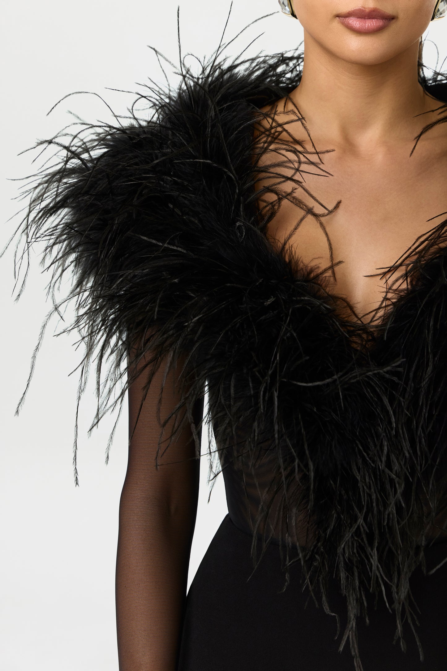 Black Mesh Feathers V-Neck Bodysuit