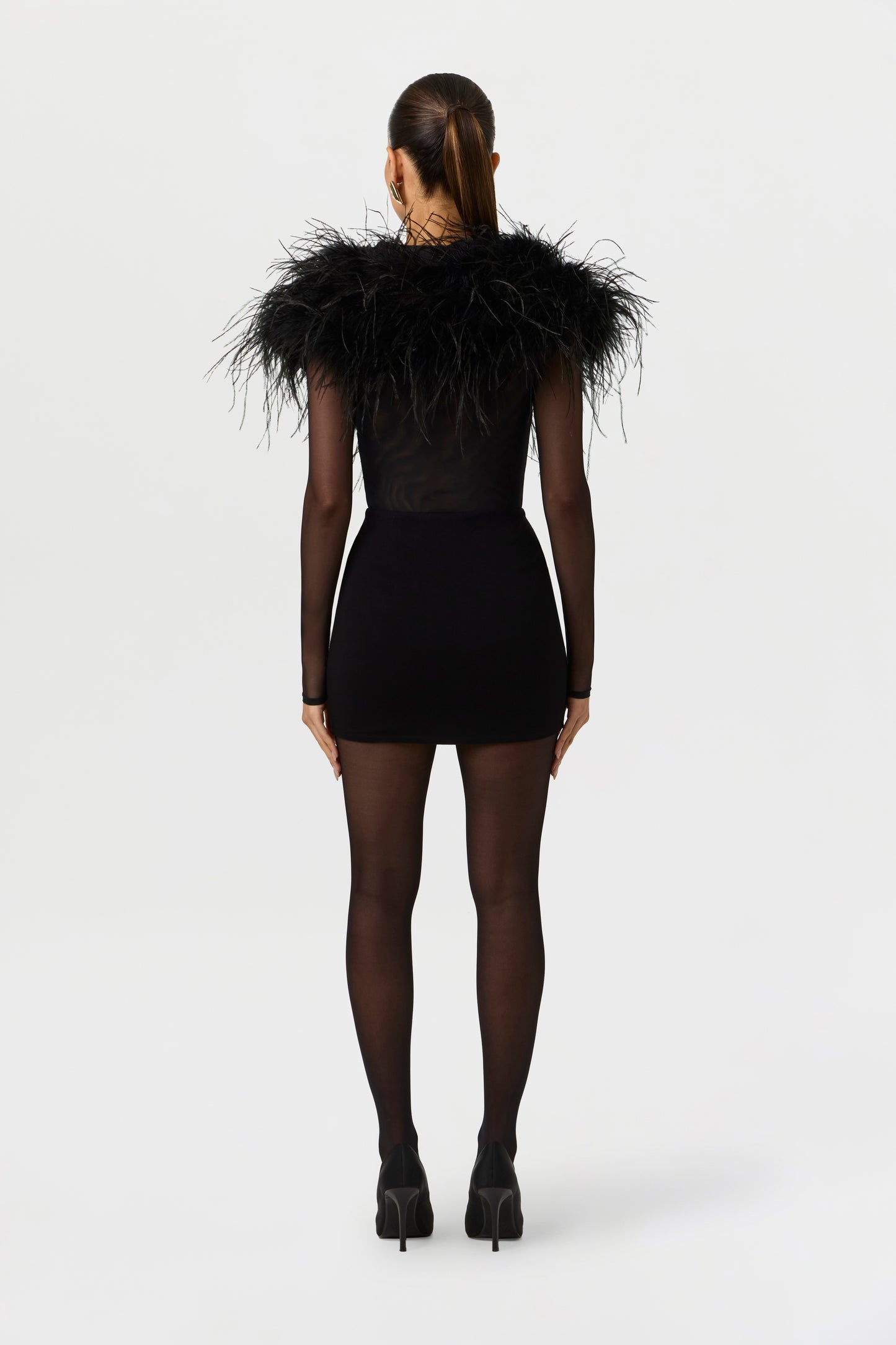 Black Mesh Feathers V-Neck Bodysuit