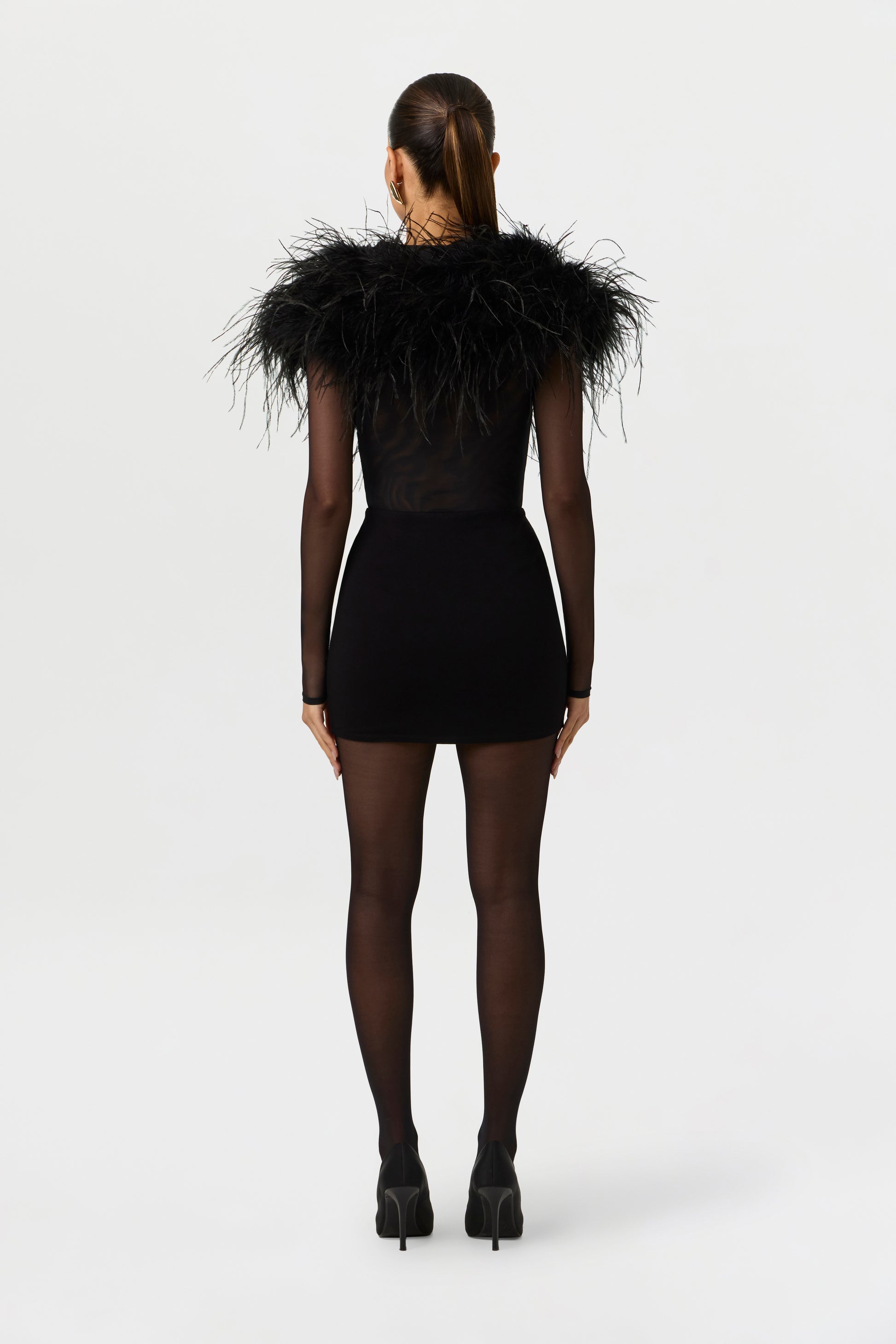 Black Mesh Feathers V-Neck Bodysuit