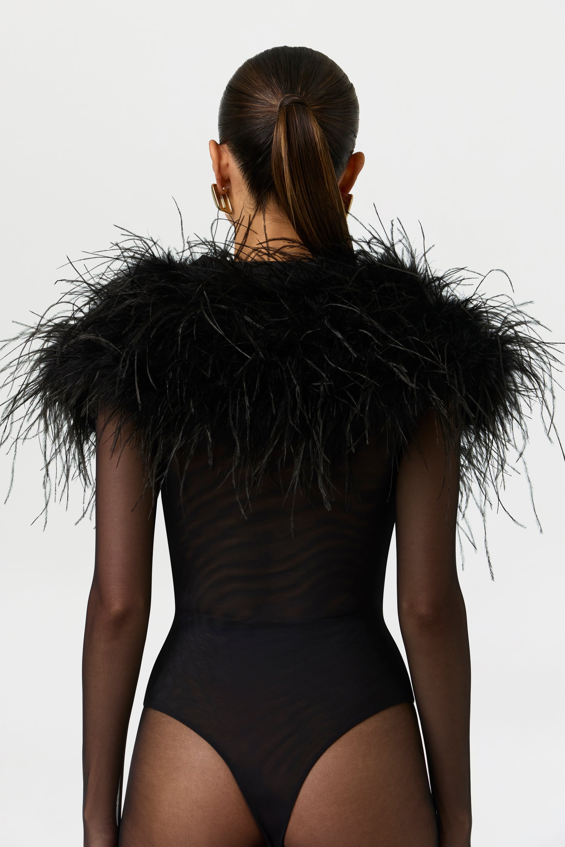 Black Mesh Feathers V-Neck Bodysuit