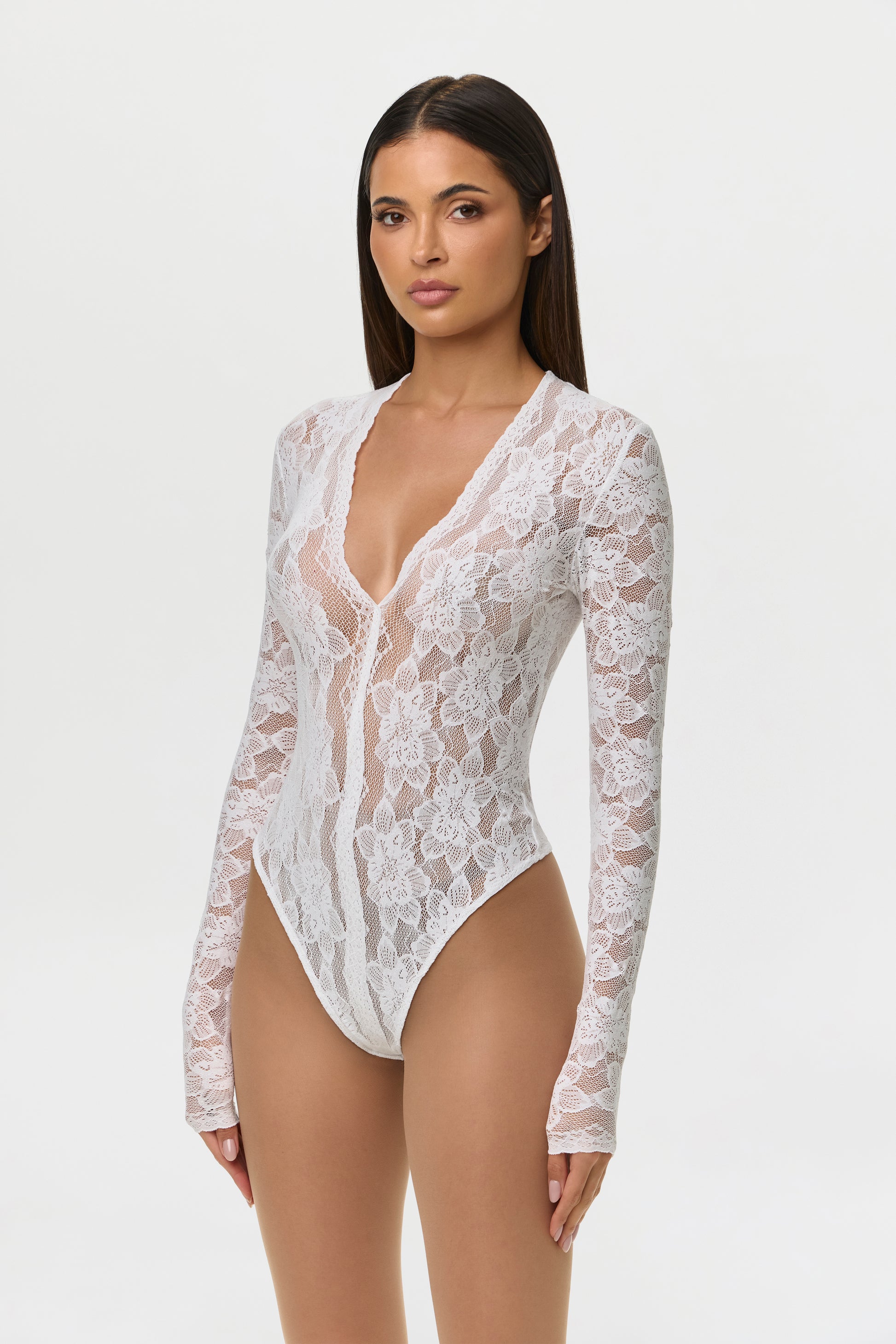 White Stretch Lace V-Neck Bodysuit