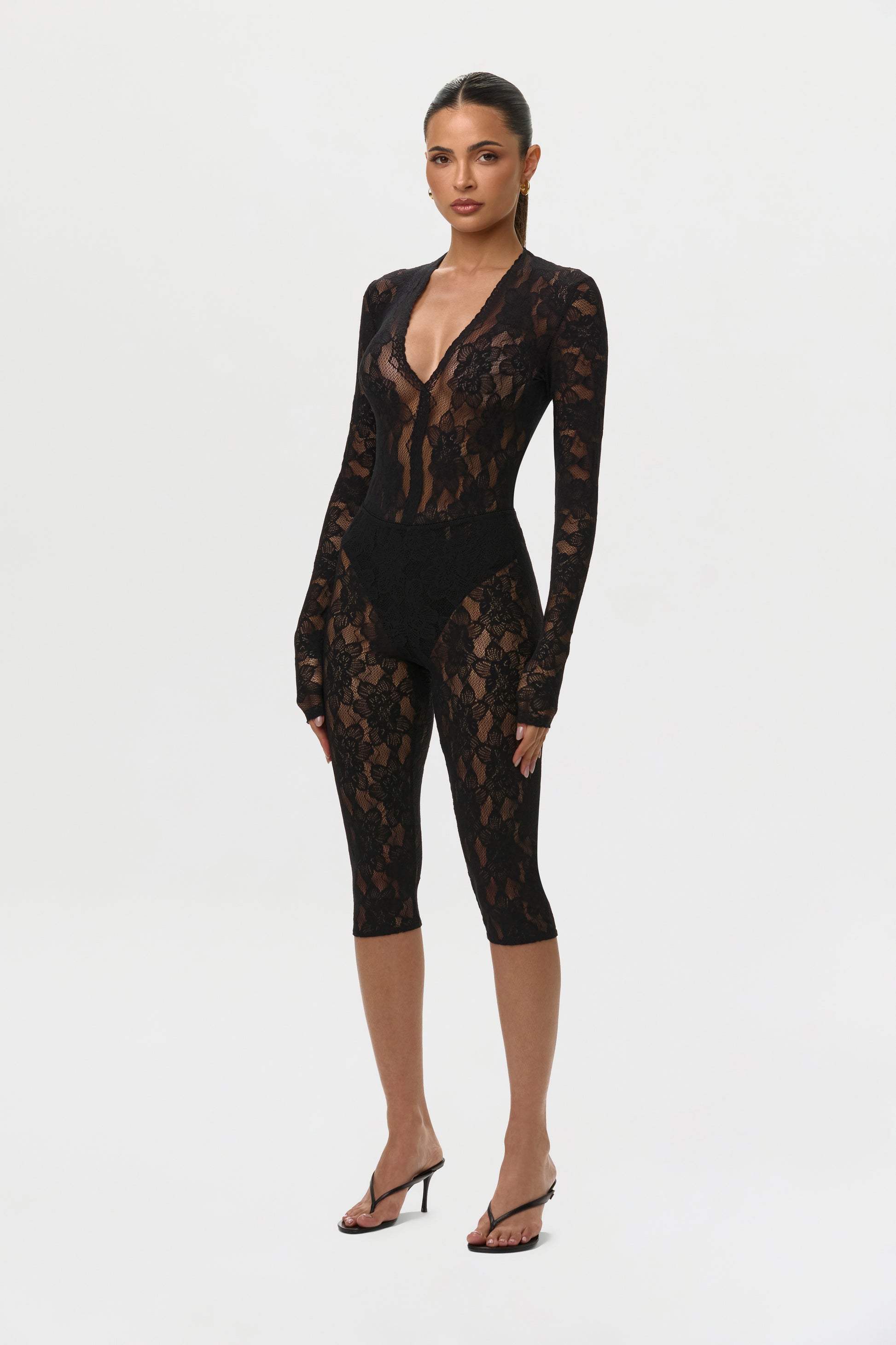 Black Stretch Lace V-Neck Bodysuit
