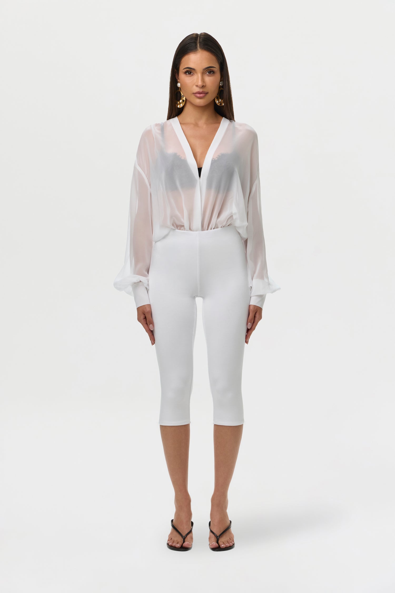 White Chiffon V Blousy Bodysuit