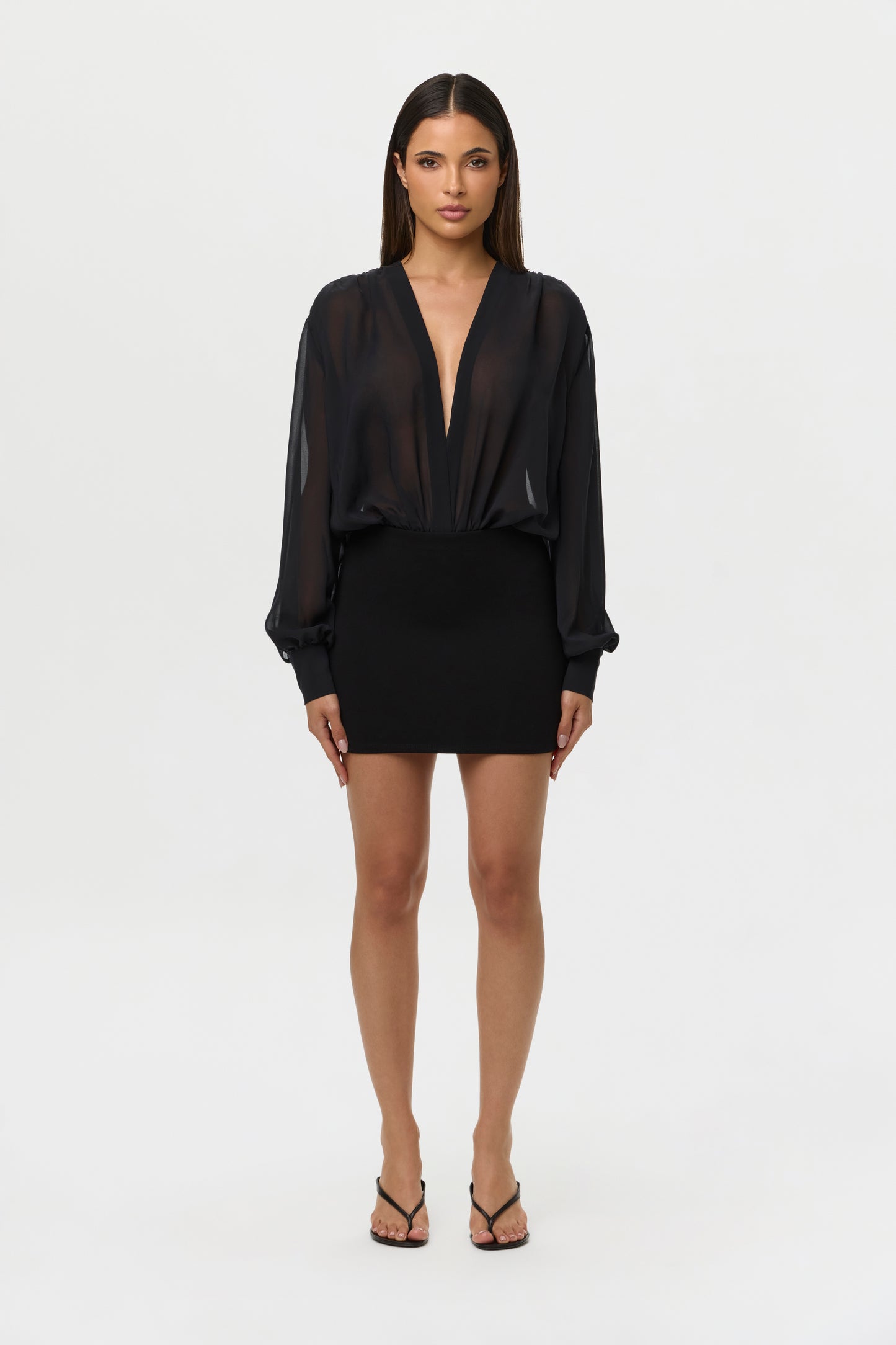 Black Chiffon V Blousy Bodysuit