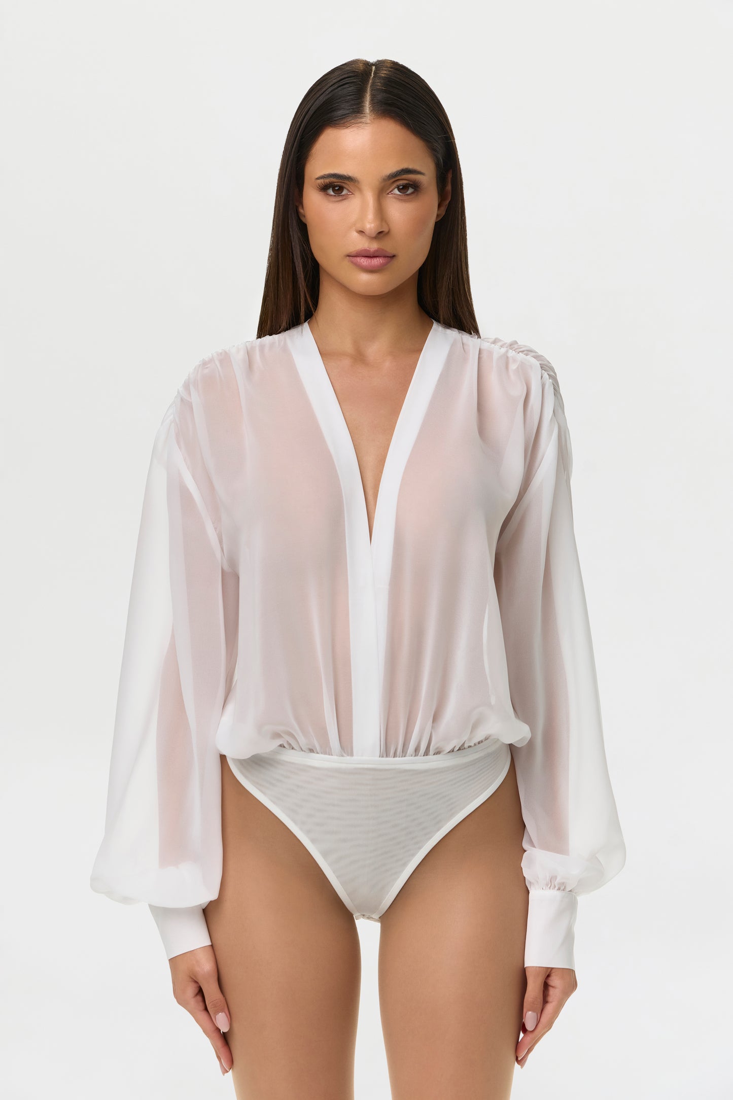 White Chiffon V Blousy Bodysuit