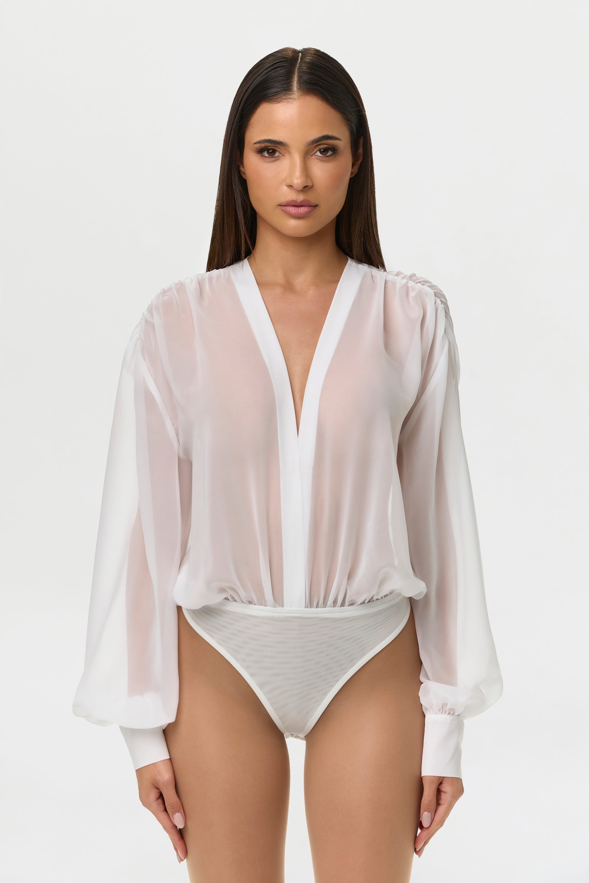 White Chiffon V Blousy Bodysuit