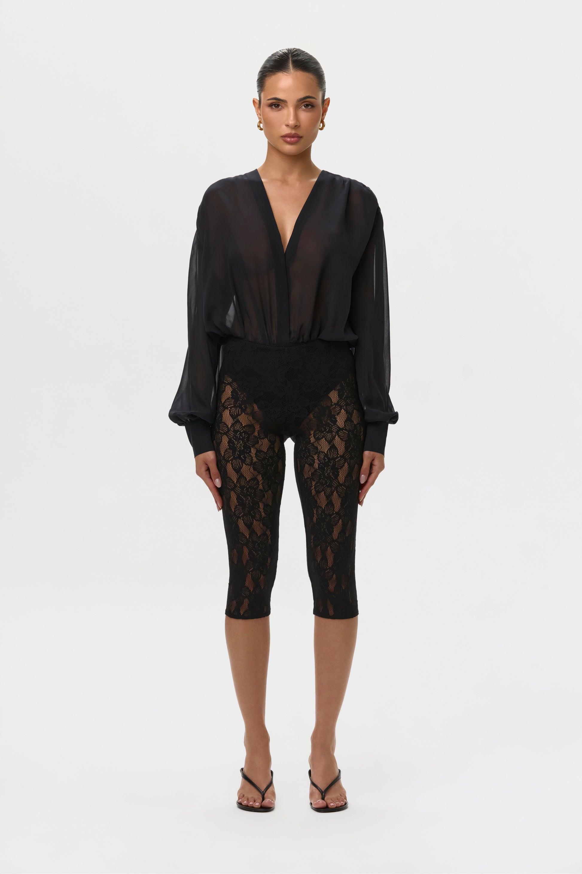 Black Chiffon V Blousy Bodysuit