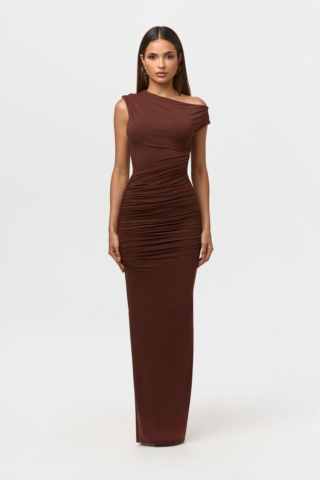 Smooth Off-Shoulder Ruched Maxi Dress