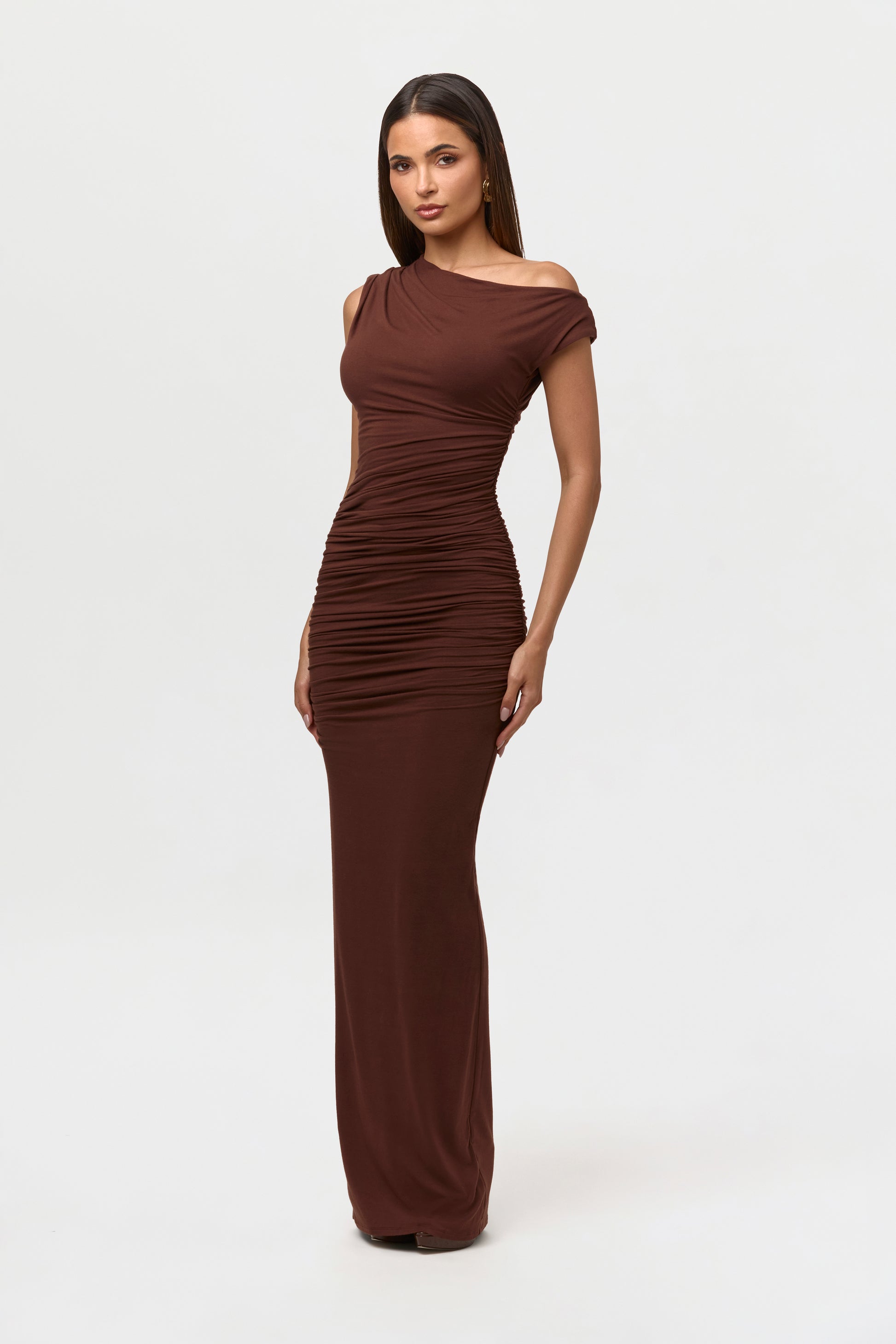Women's Smooth Off-Shoulder Ruched Maxi Dress, Chocolate / XS by Naked Wardrobe