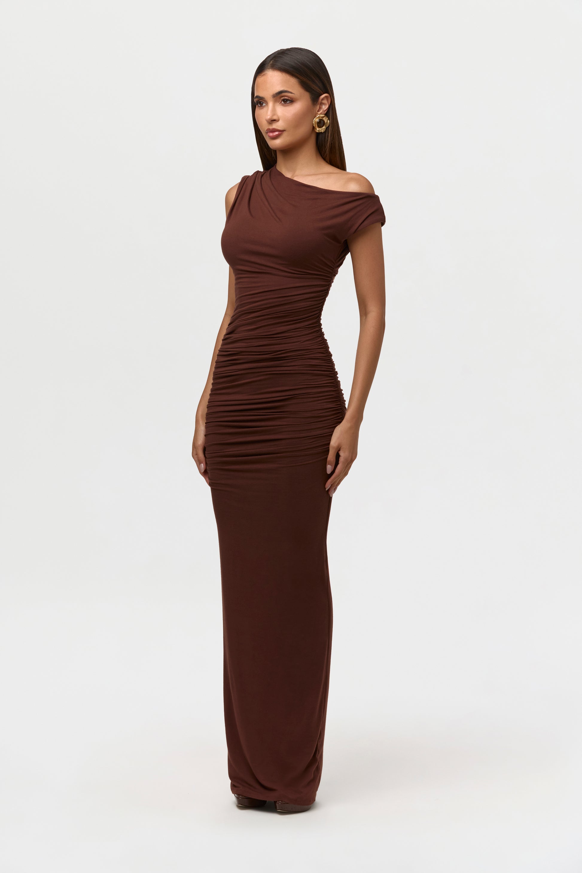 Smooth Off-Shoulder Ruched Maxi Dress – Naked Wardrobe
