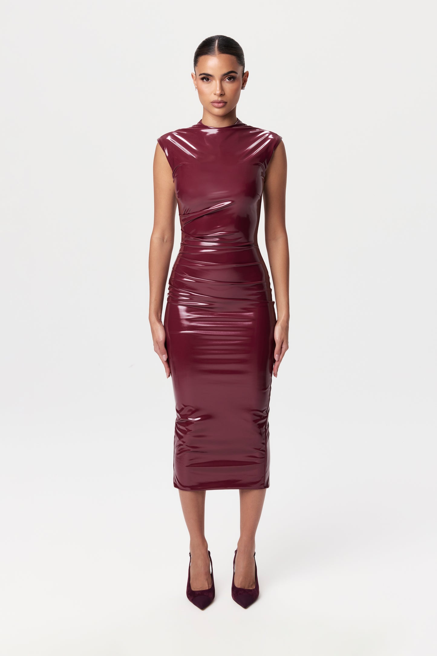 Vinyl Mock Neck Midi Dress