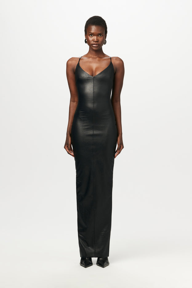 Vegan Leather V-Neck Seam Maxi Dress