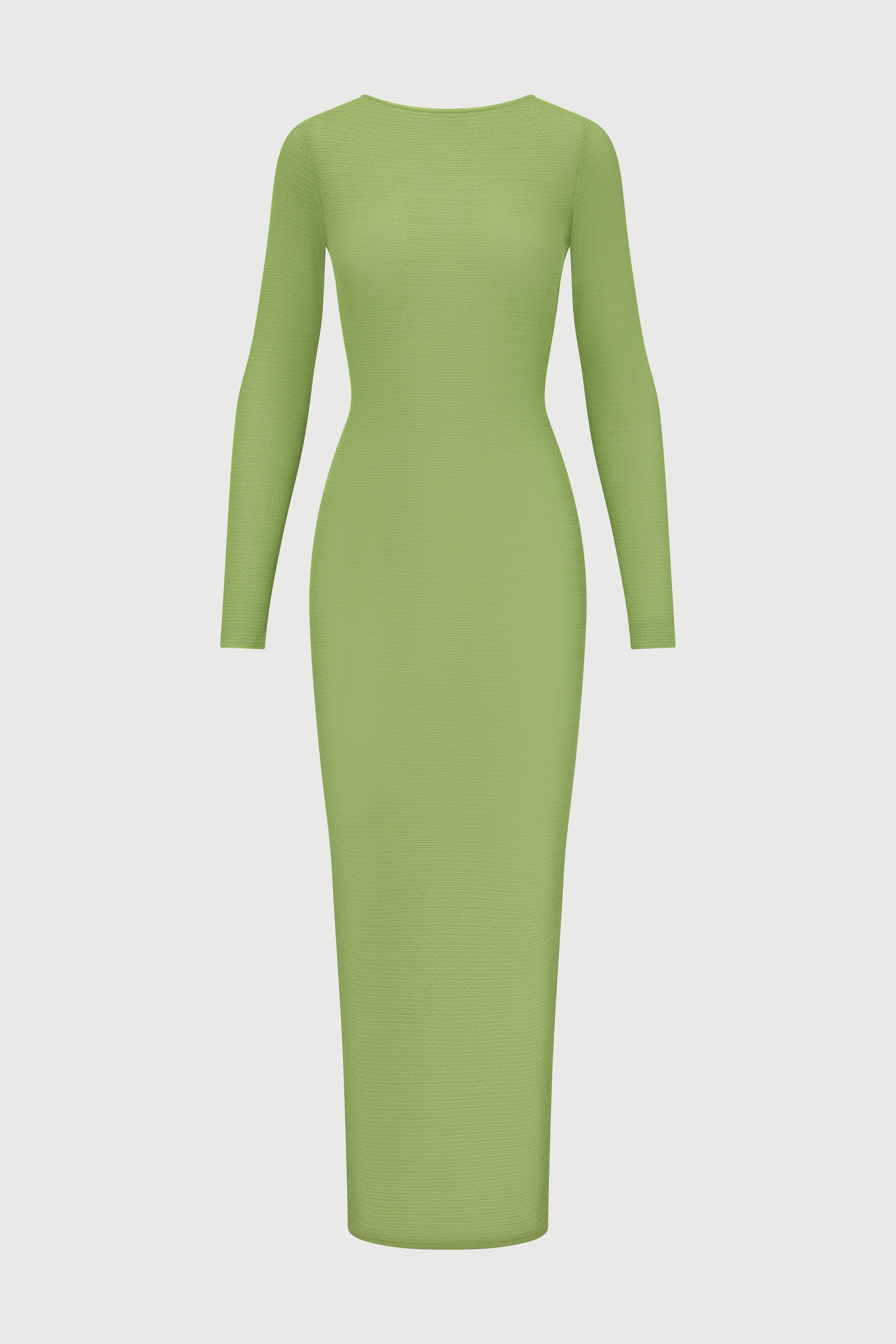 Lime green long-sleeved maxi dress on white background