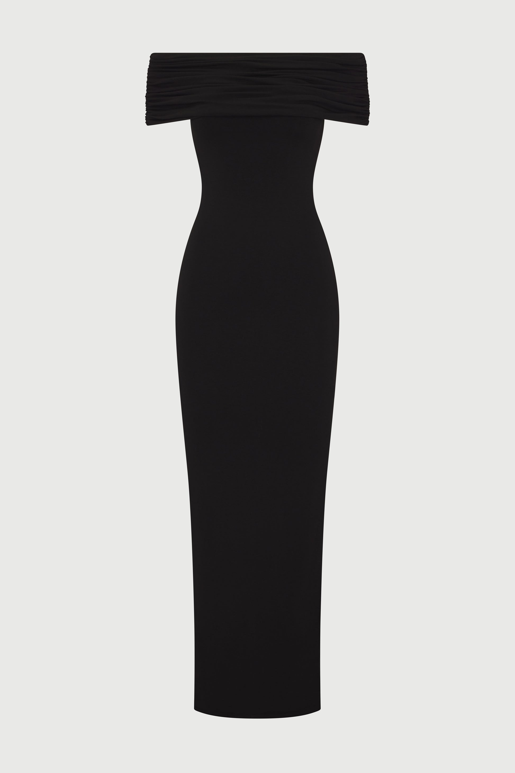 black off-the-shoulder maxi dress on white background