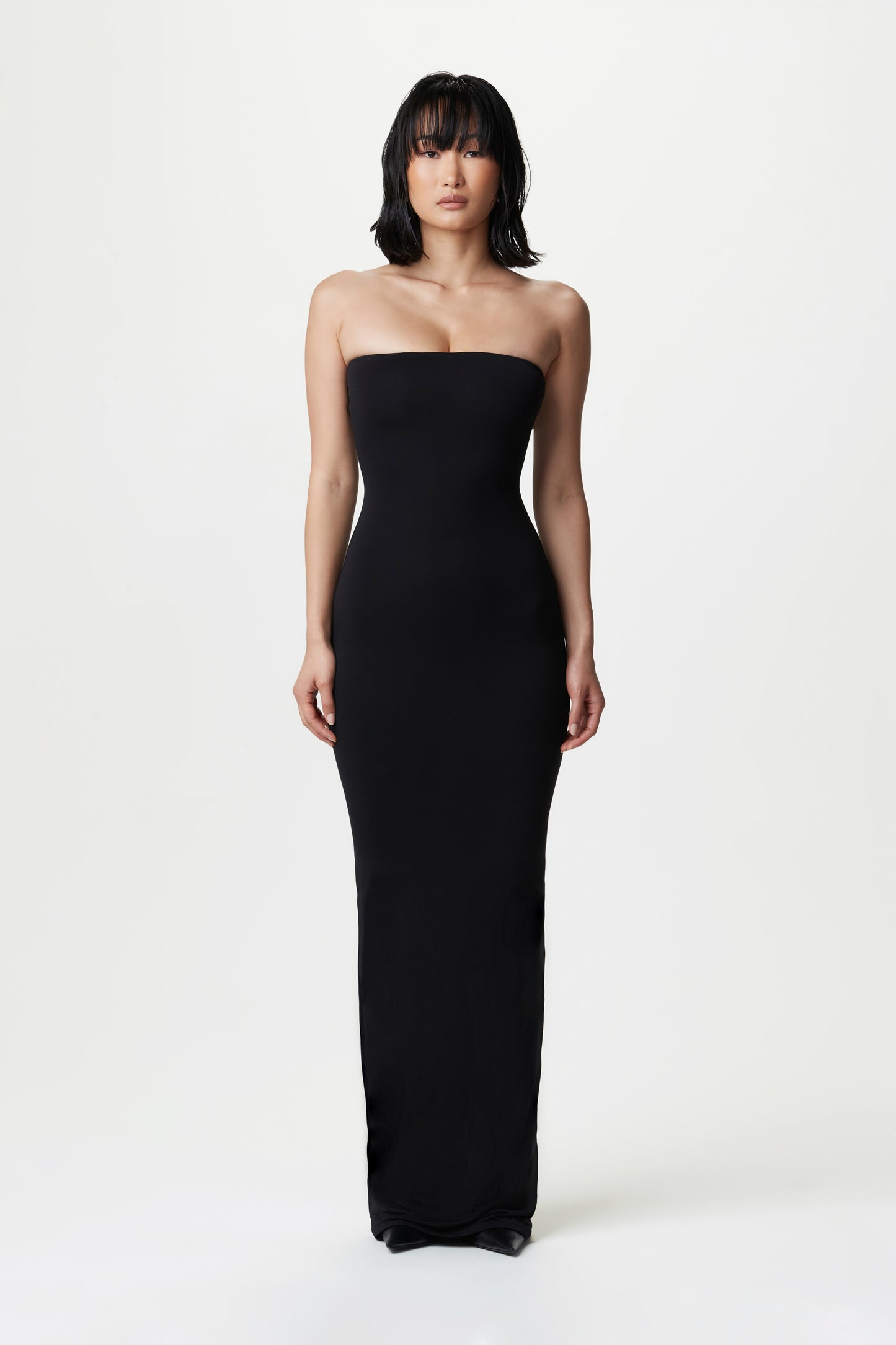 front view of black strapless maxi dress