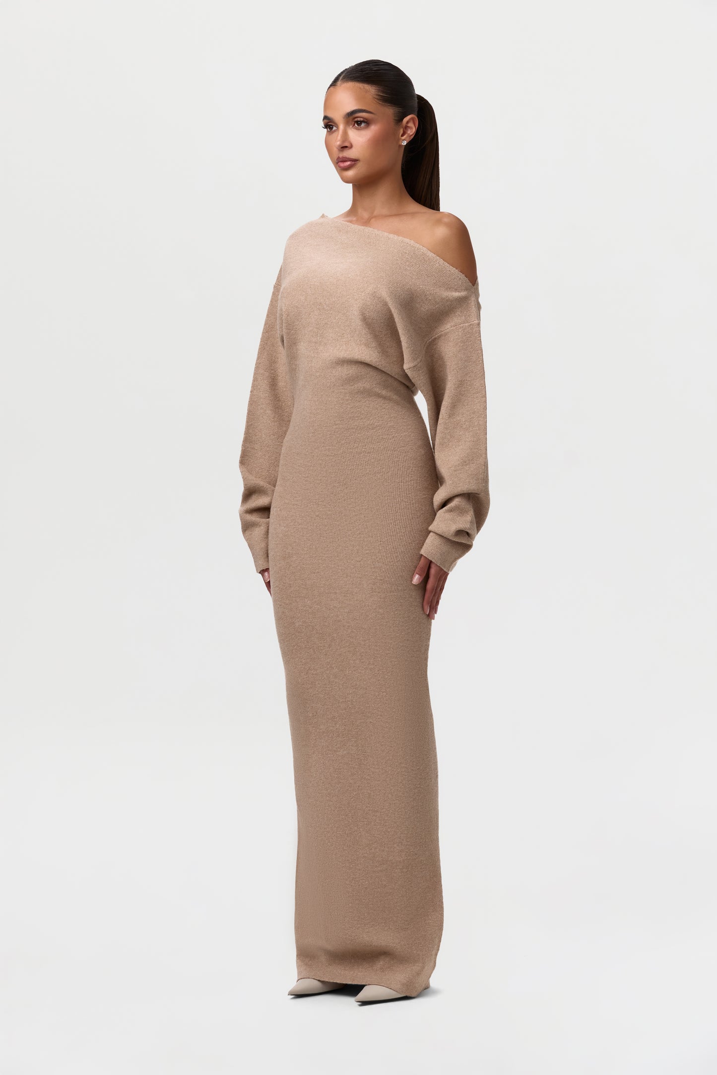 knit off-shoulder sweater maxi dress Women's Tanya Off The Shoulder in Heather Grey Meet your next go Knit Off-Shoulder Sweater Maxi Dress