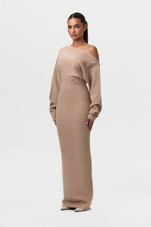 Women's Maxi Dress Knit Off-shoulder Sweater Polyester by Naked Wardrobe, Taupe / S Women's Maxi Dress Knit Off-shoulder Sweater Polyester by Naked Wardrobe, Taupe / S