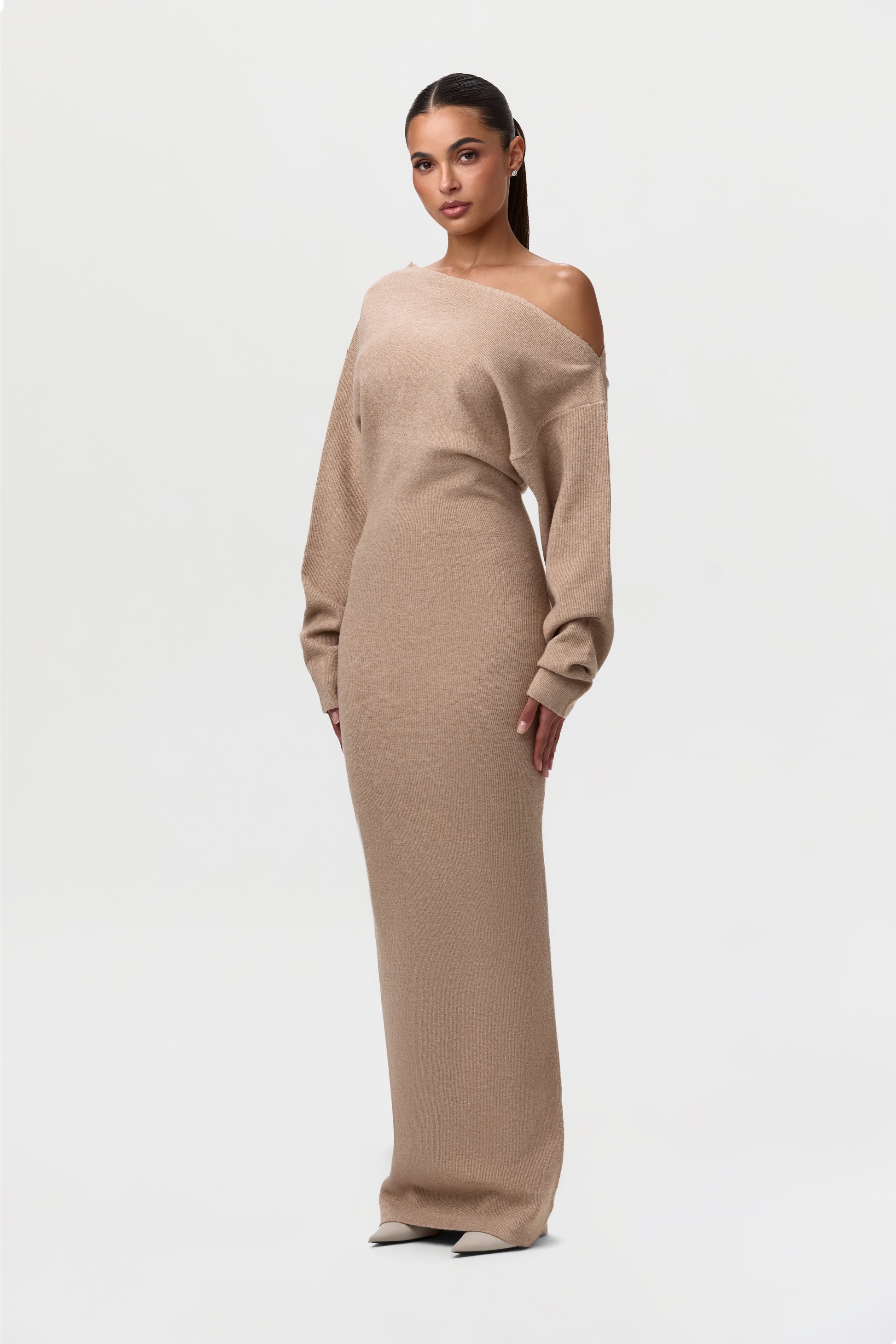 Women's Maxi Dress Knit Off-shoulder Sweater Polyester by Naked Wardrobe, Taupe / S Women's Maxi Dress Knit Off-shoulder Sweater Polyester by Naked Wardrobe, Taupe / S