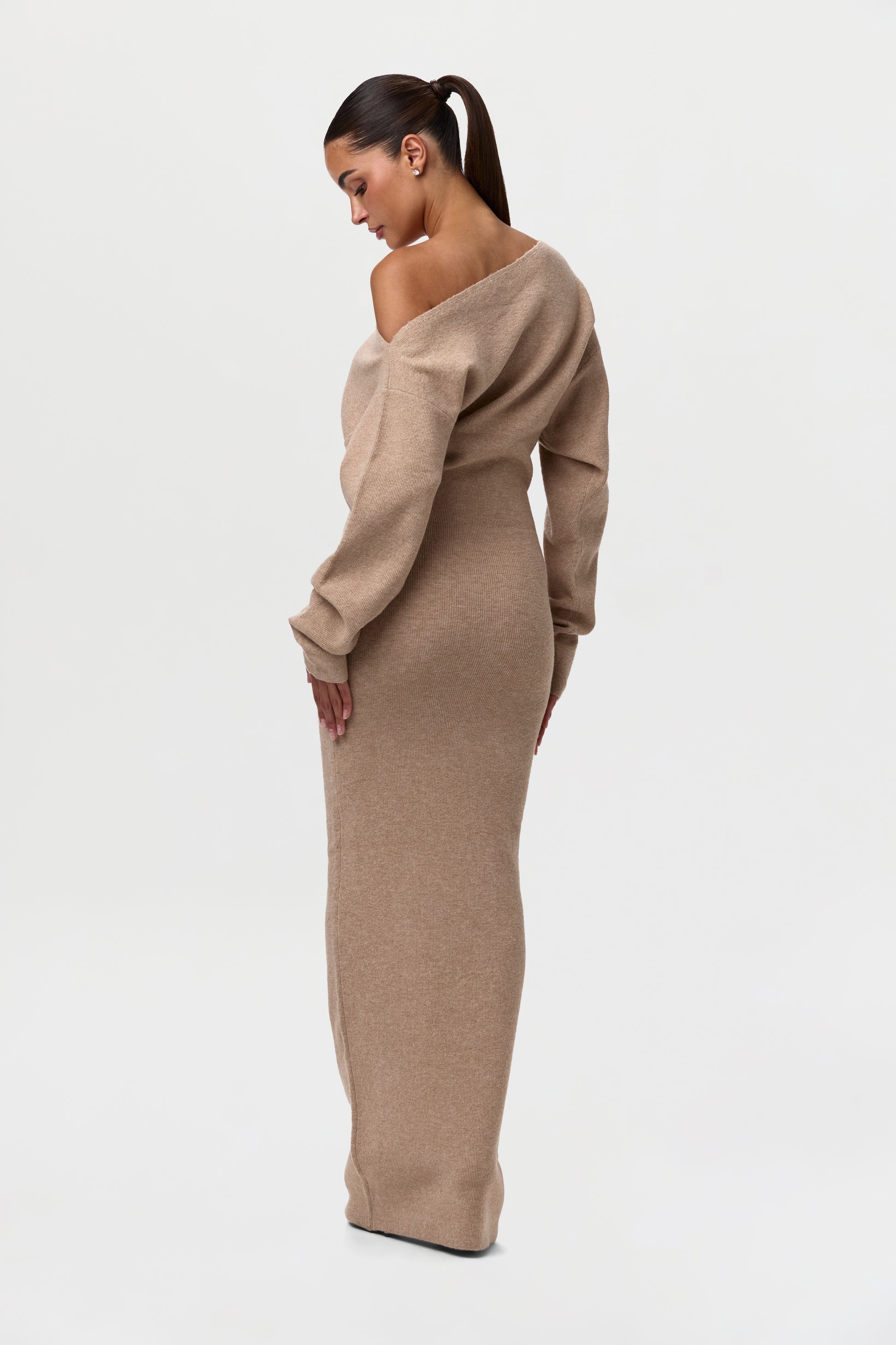 Women's Maxi Dress Knit Off-shoulder Sweater Polyester by Naked Wardrobe, Dark Chocolate / S Women's Maxi Dress Knit Off-shoulder Sweater Polyester by Naked Wardrobe, Dark Chocolate / S