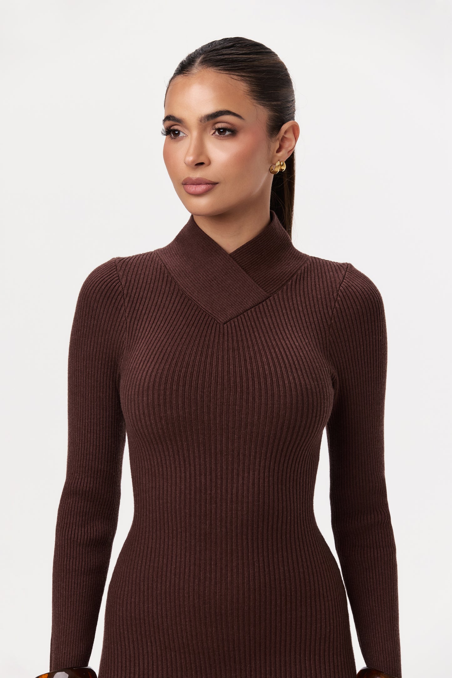 Ribbed Knit V-Mock Neck Dress