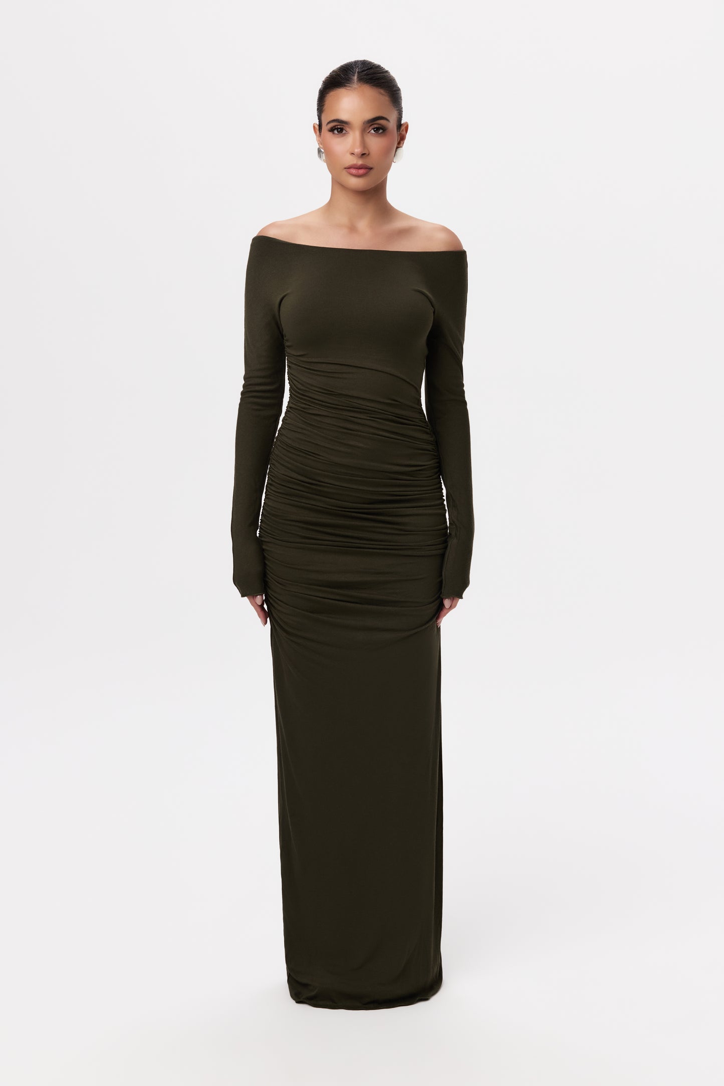 NW Off-Shoulder Ruched Maxi Dress