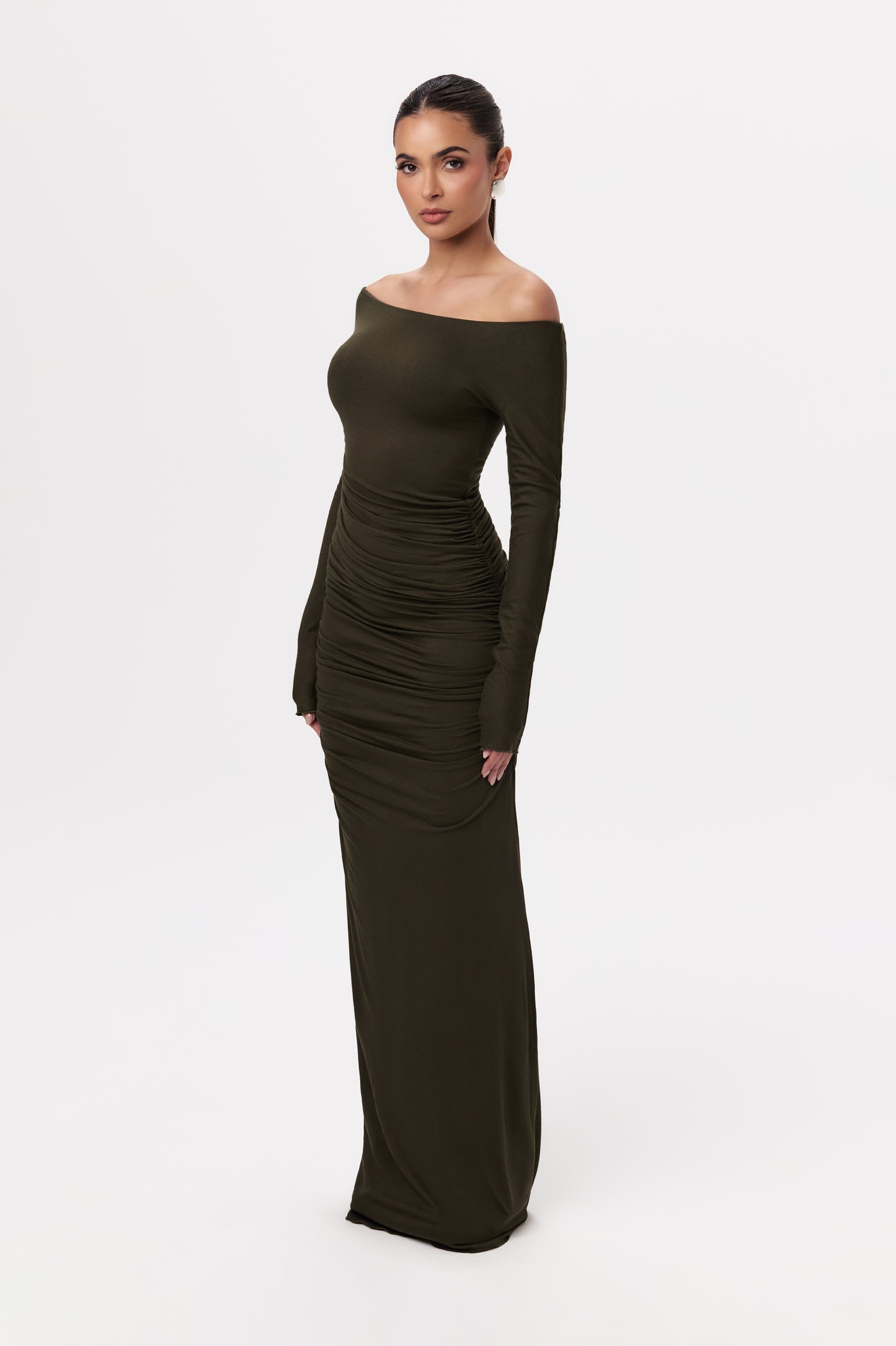 NW Off-Shoulder Ruched Maxi Dress