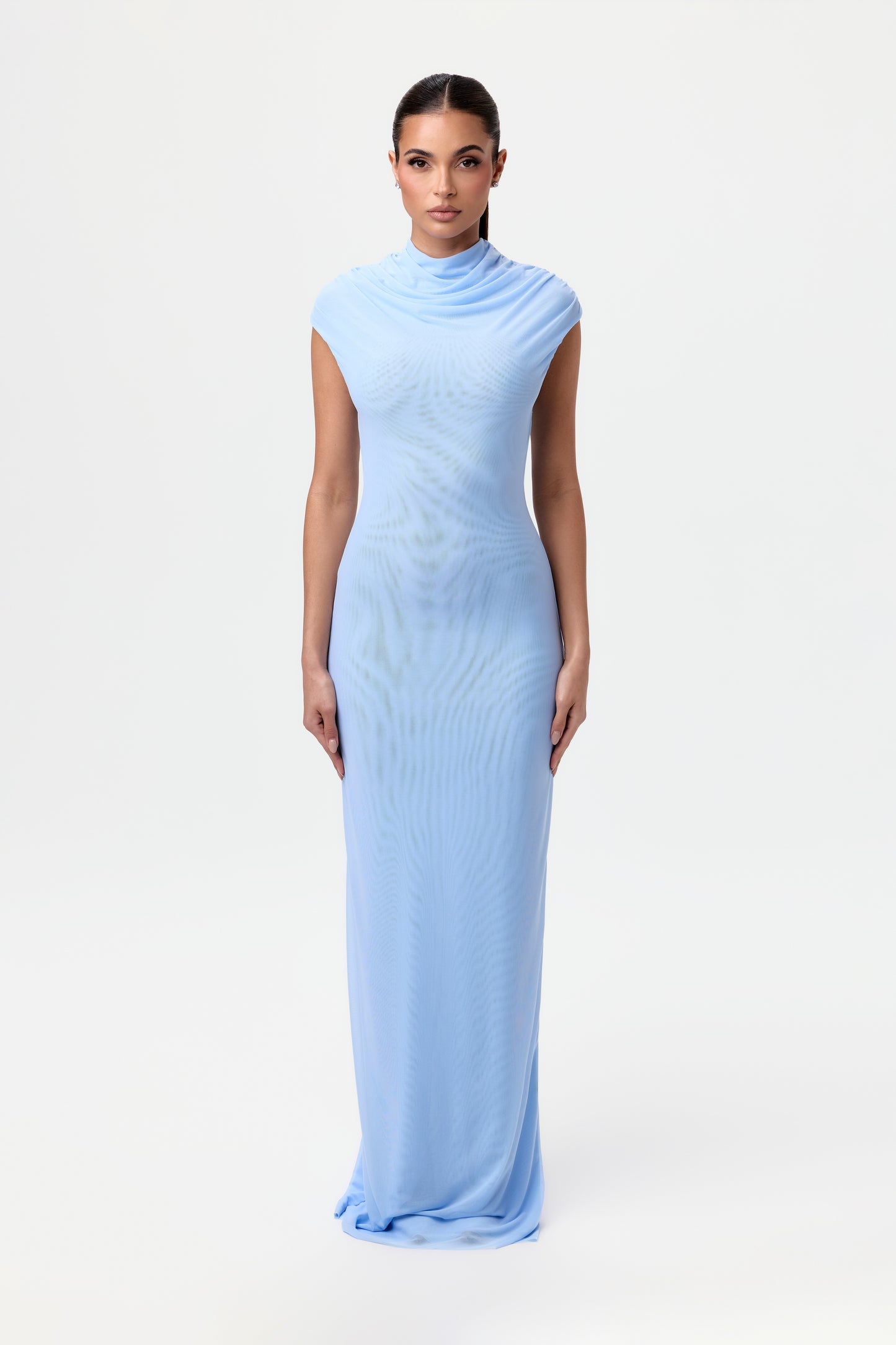 Mesh Drape Cap Sleeve Maxi Dress