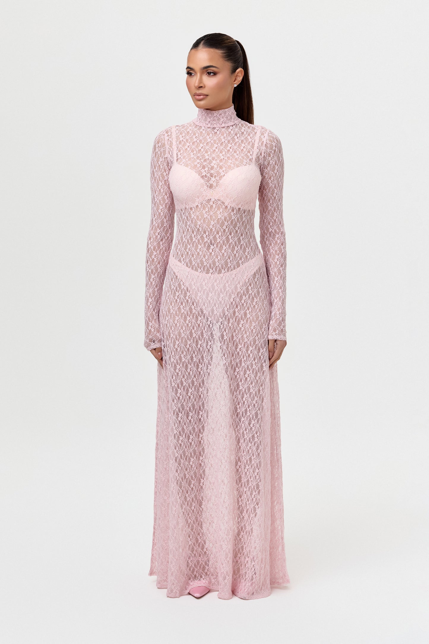 Stretch Lace Turtleneck Maxi Dress