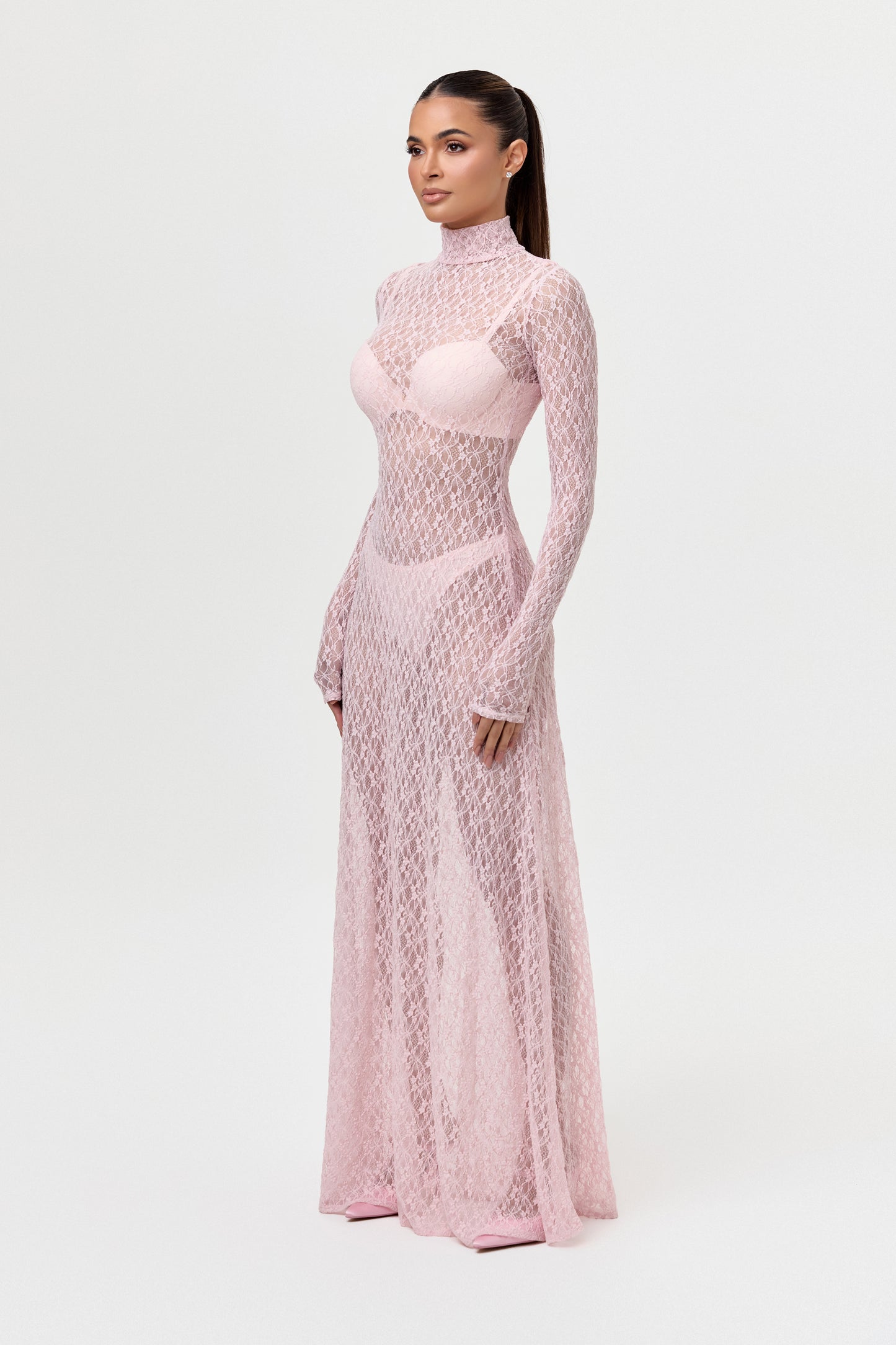 Stretch Lace Turtleneck Maxi Dress