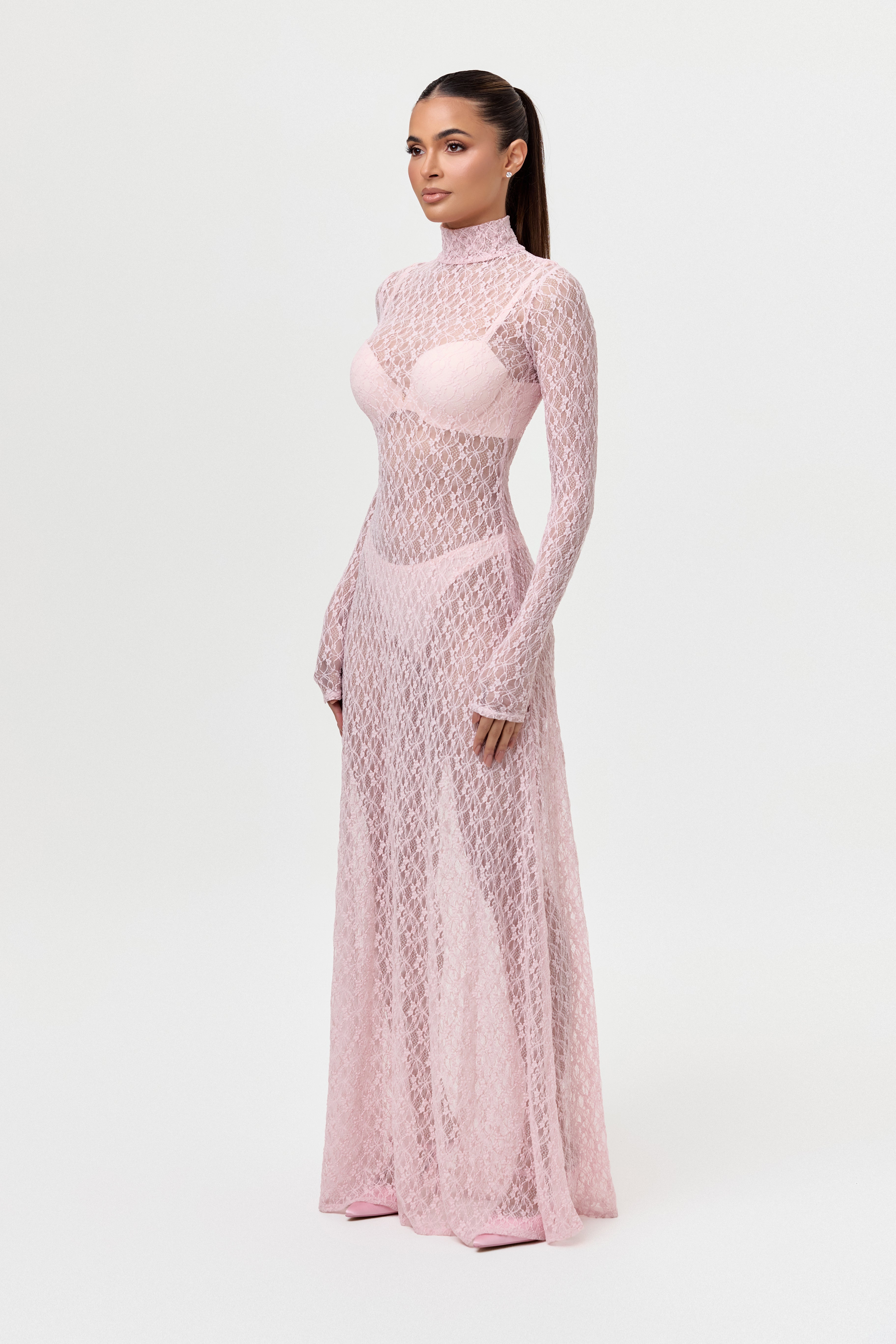 Stretch Lace Turtleneck Maxi Dress