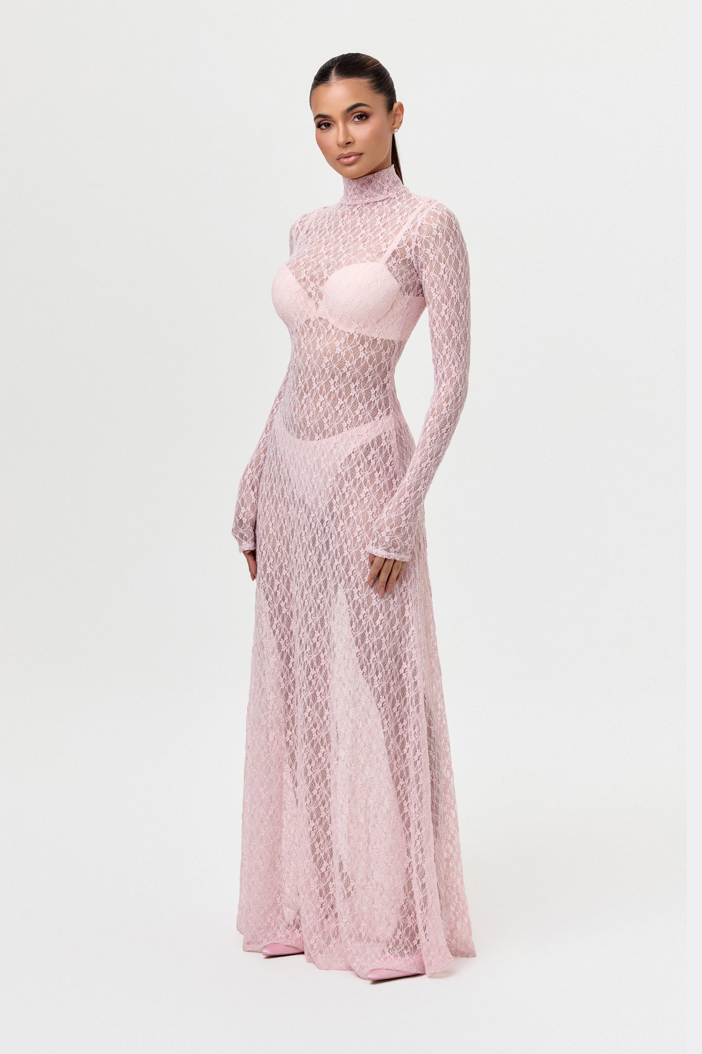 Stretch Lace Turtleneck Maxi Dress