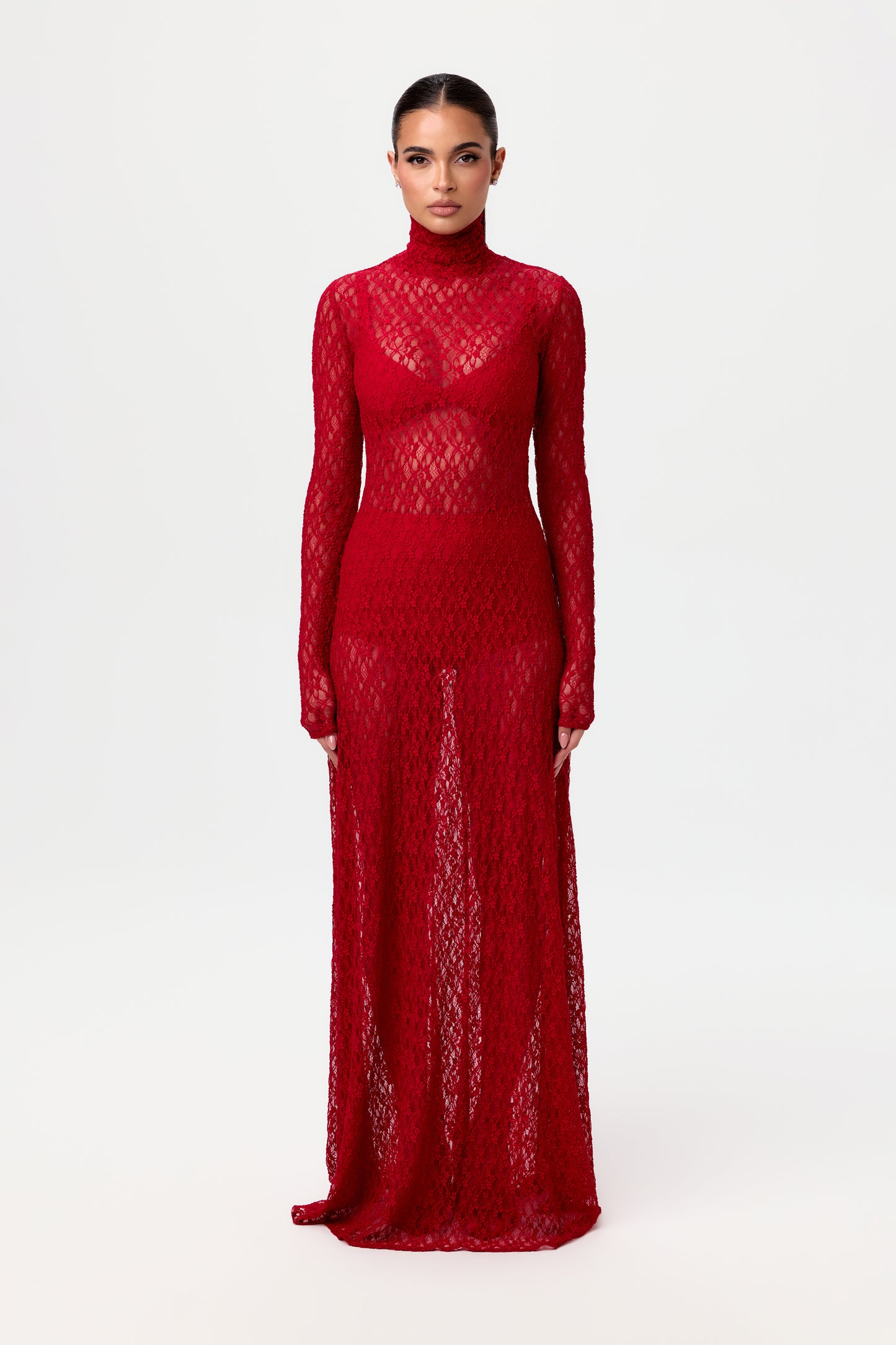 Stretch Lace Turtleneck Maxi Dress