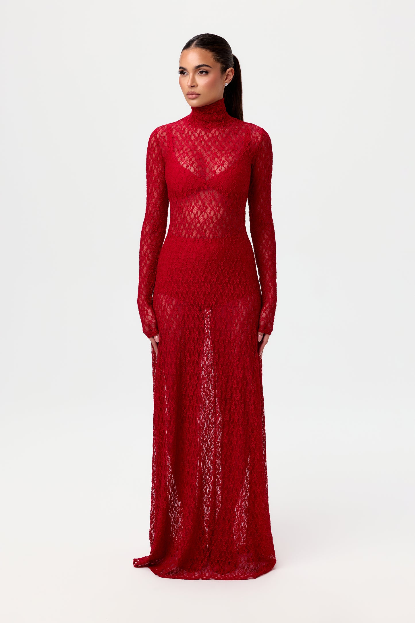 Stretch Lace Turtleneck Maxi Dress